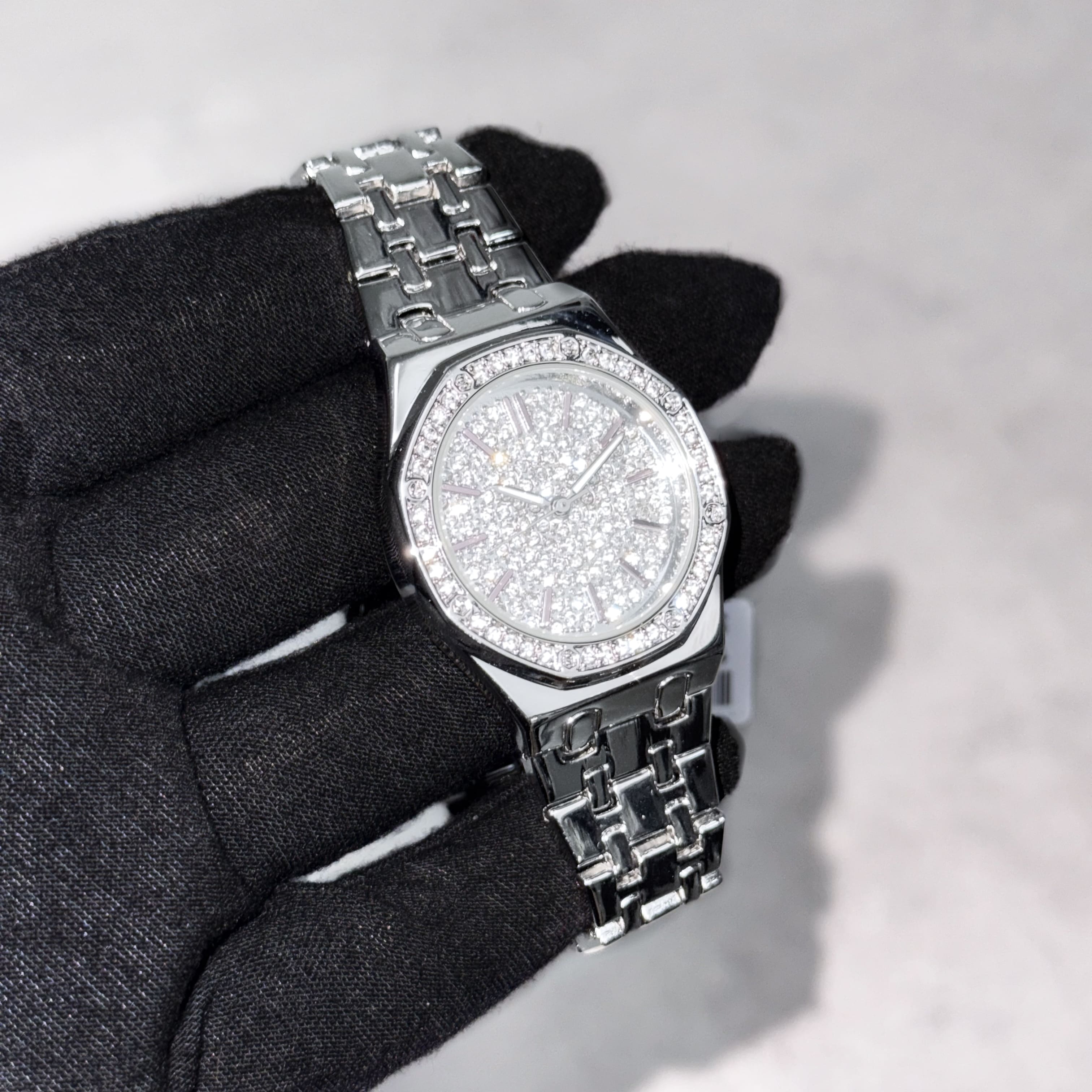 Men's 32mm Iced Out Dial Octagon Watch - Metal Band, Quartz Movement