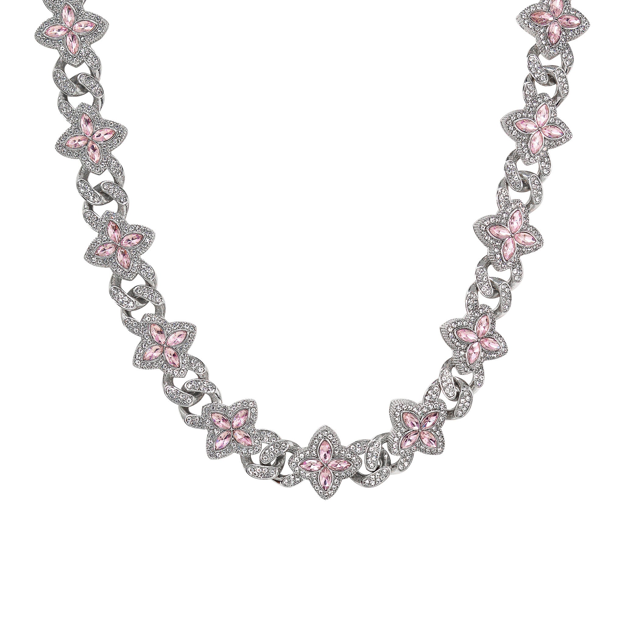 Silver Iced Clover Cuban Chain featuring pink stone clover links shown in a bright studio product shot.
