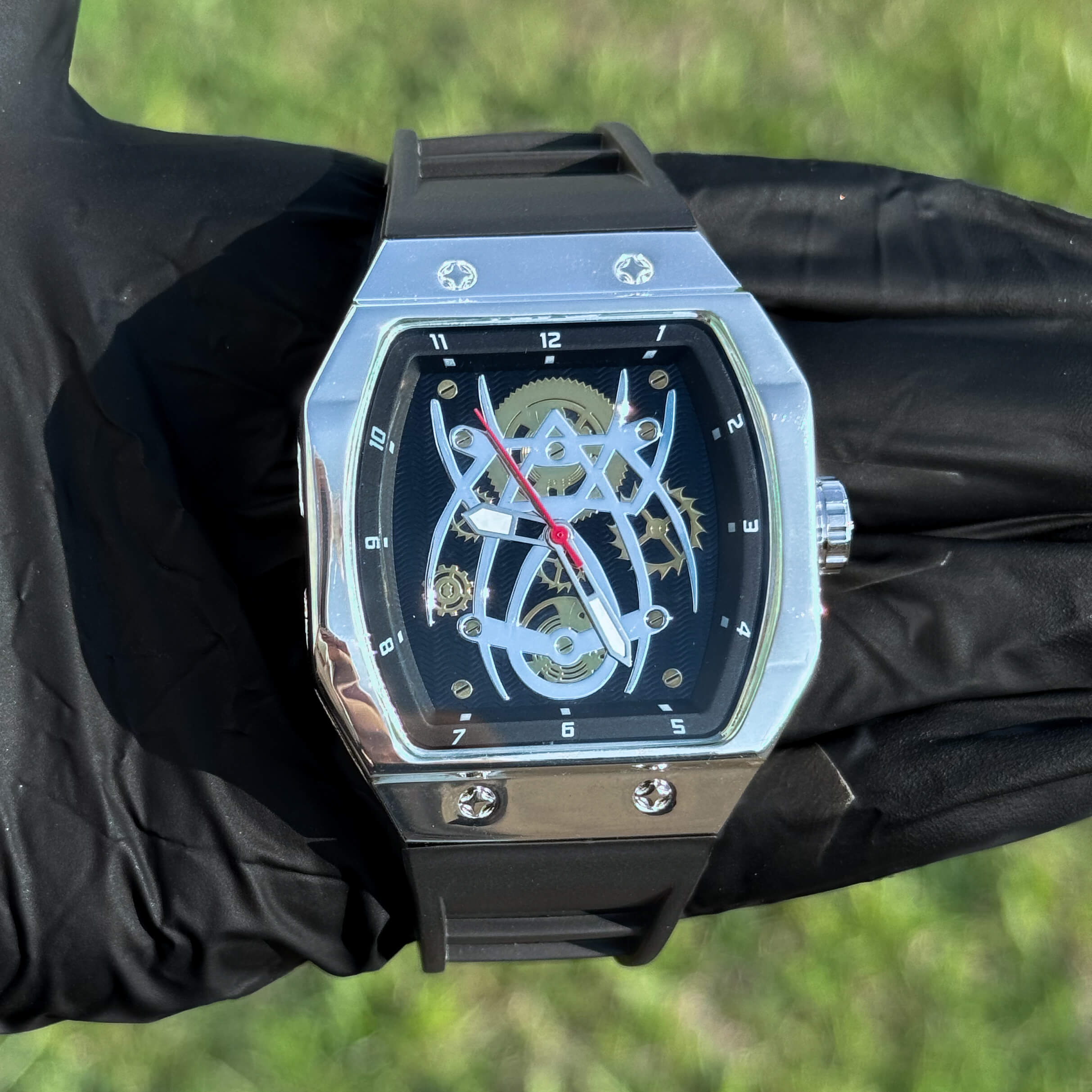 Men's 41mm Black Tonneau Watch - Skeleton Dial