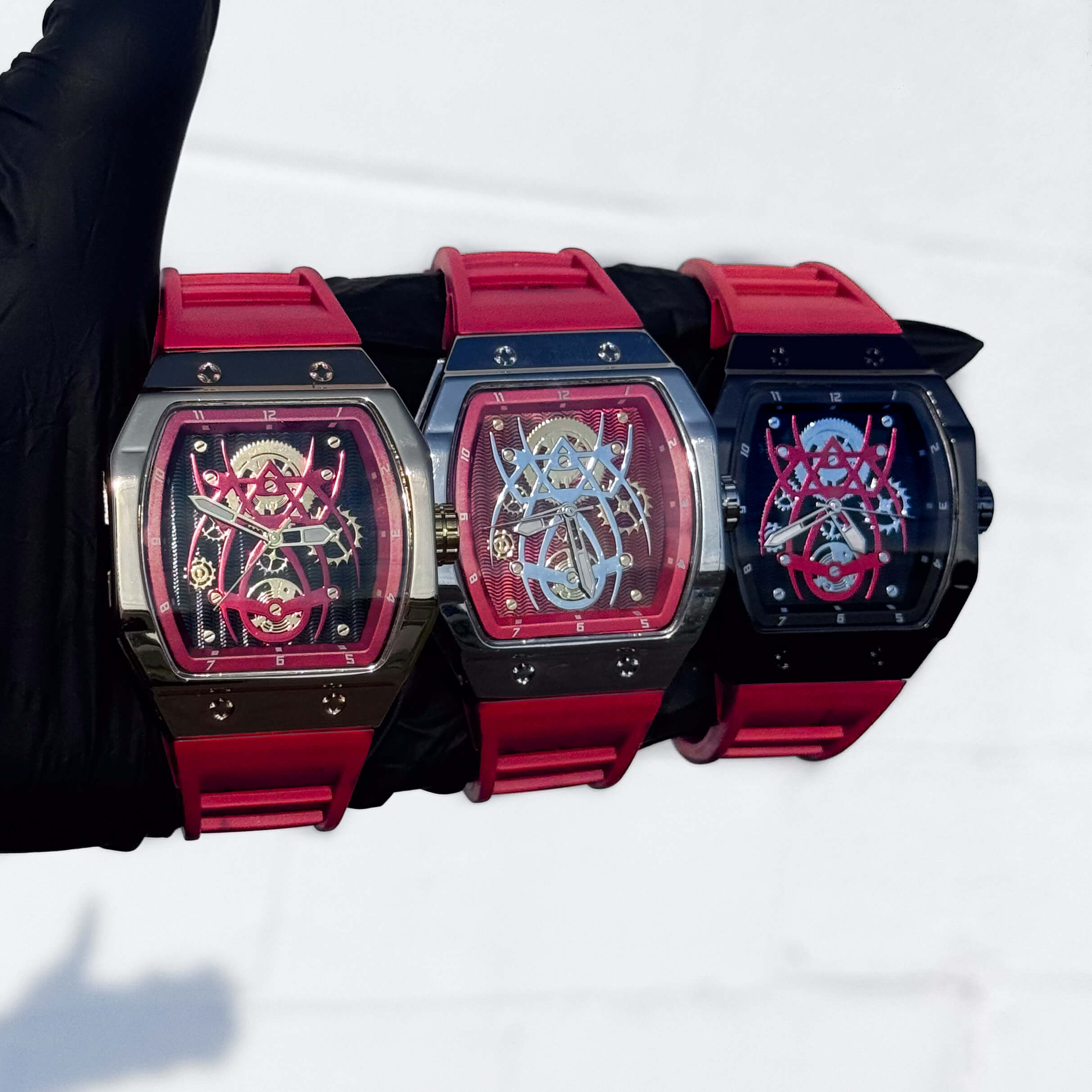 Men's 41mm Red Tonneau Watch - Skeleton Dial