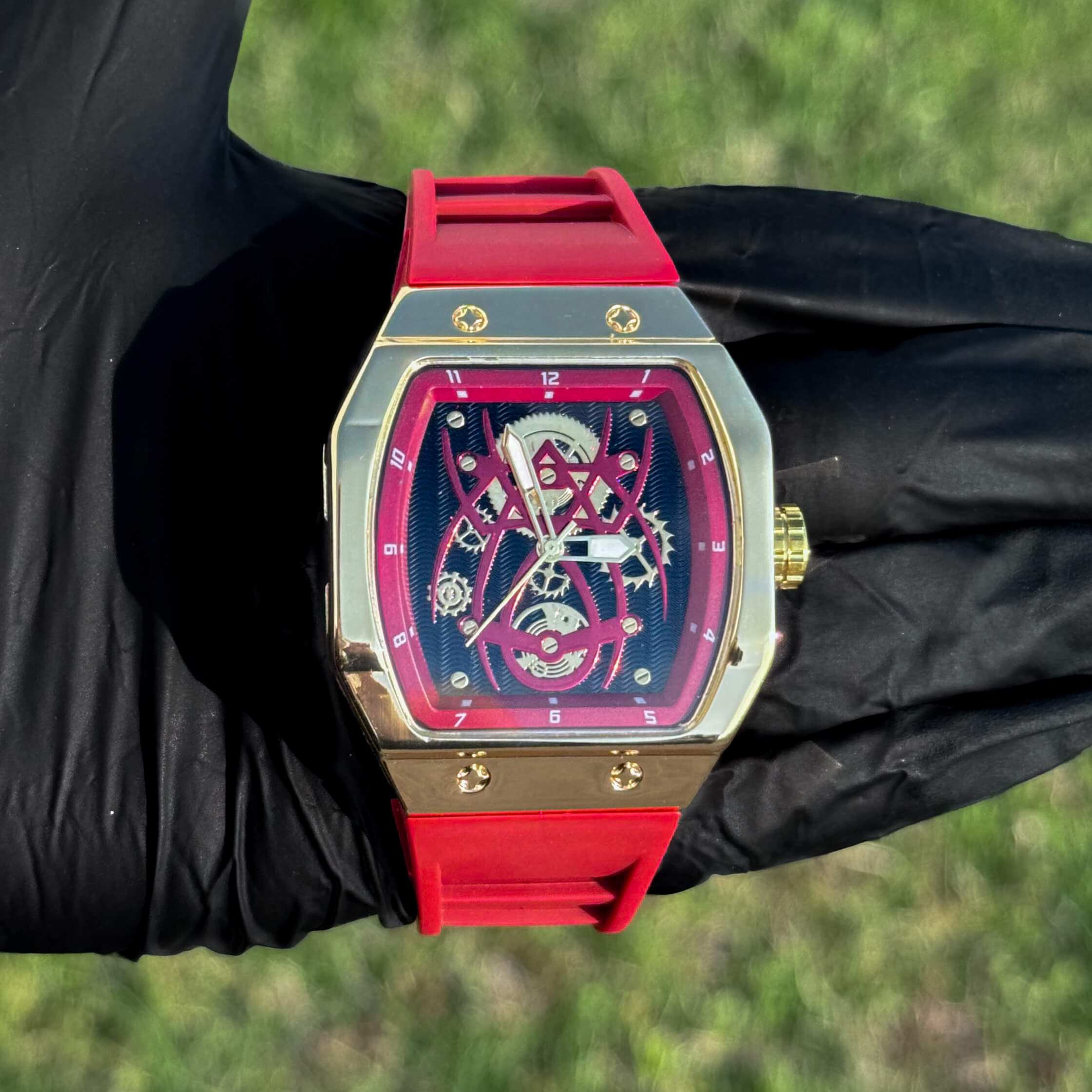 Men's 41mm Red Tonneau Watch - Skeleton Dial