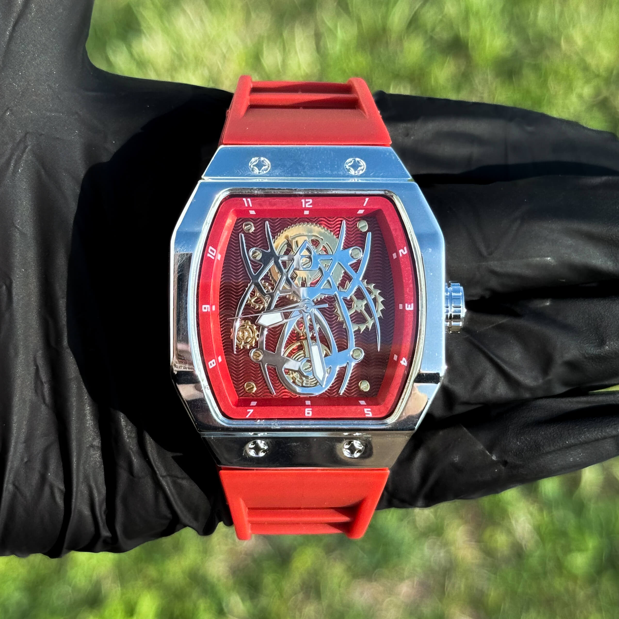 Men's 41mm Red Tonneau Watch - Skeleton Dial