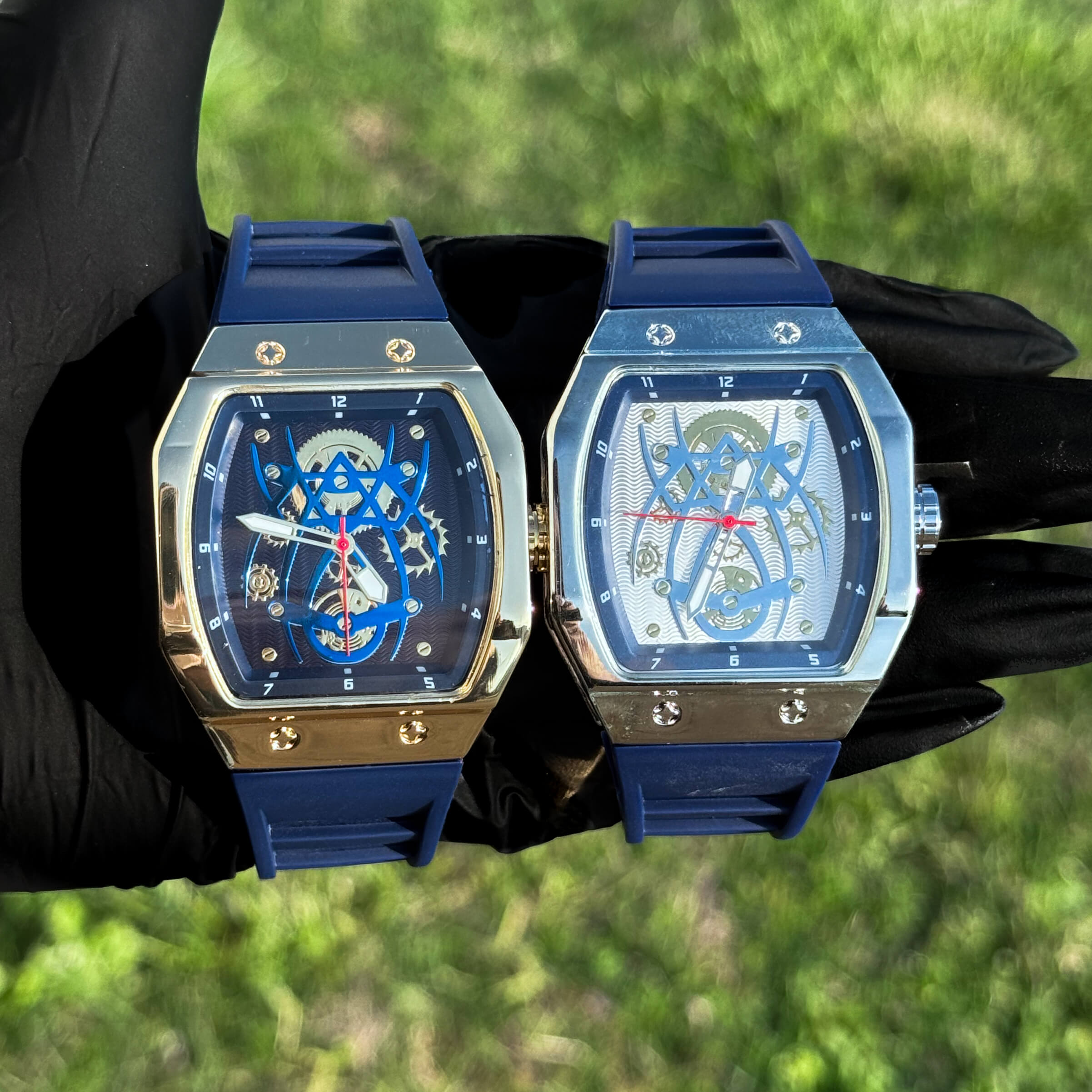 Men's 41mm Blue Tonneau Watch - Skeleton Dial