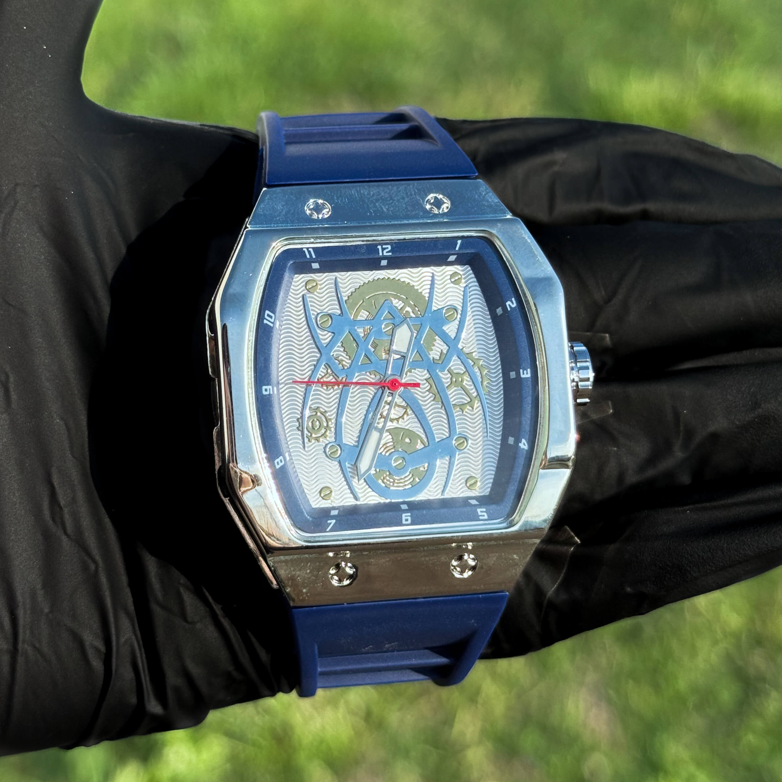 Men's 41mm Blue Tonneau Watch - Skeleton Dial