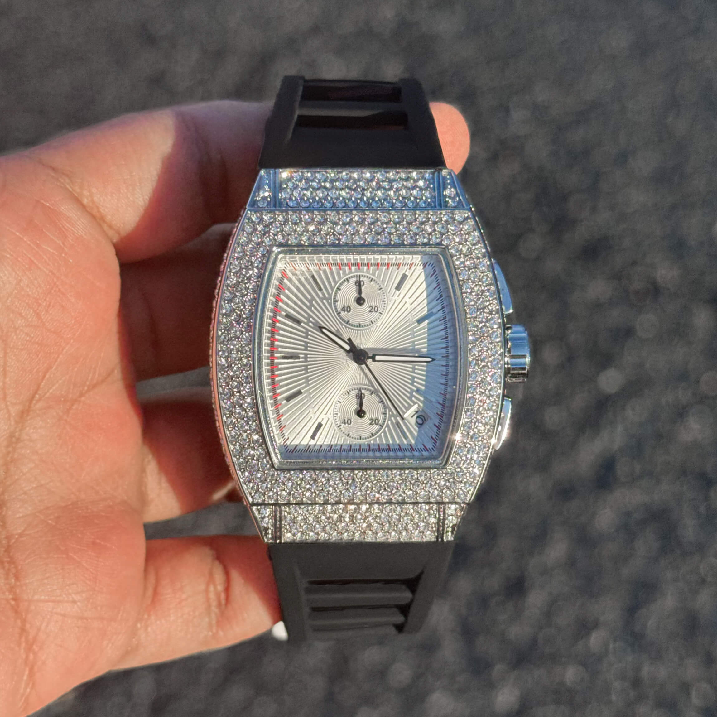 Men's Luxury Iced 39mm Watch - Tonneau Shape, Silicone Band