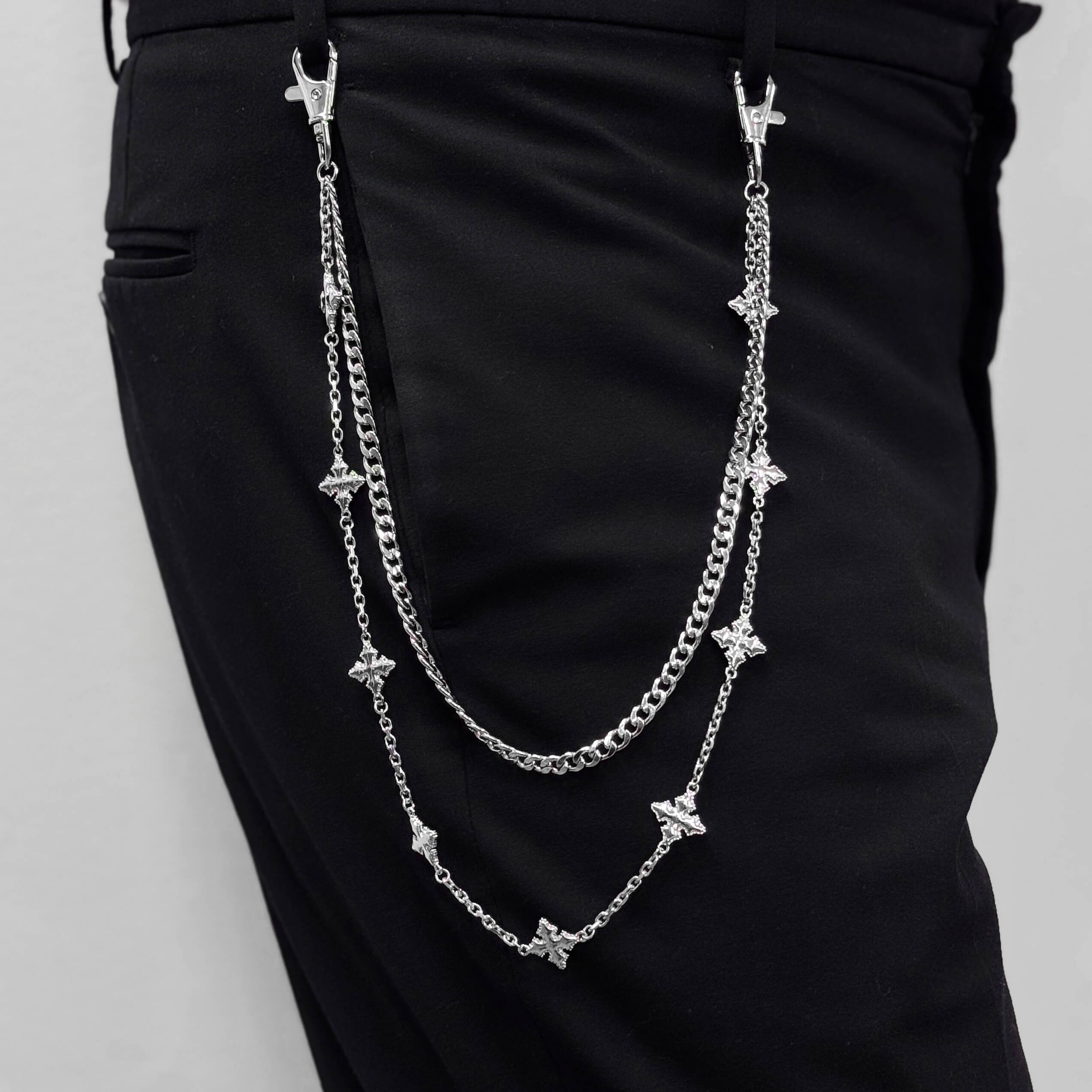 Men's Double Layered Silver Cross Pant Chains Stylish Accessory for Jeans