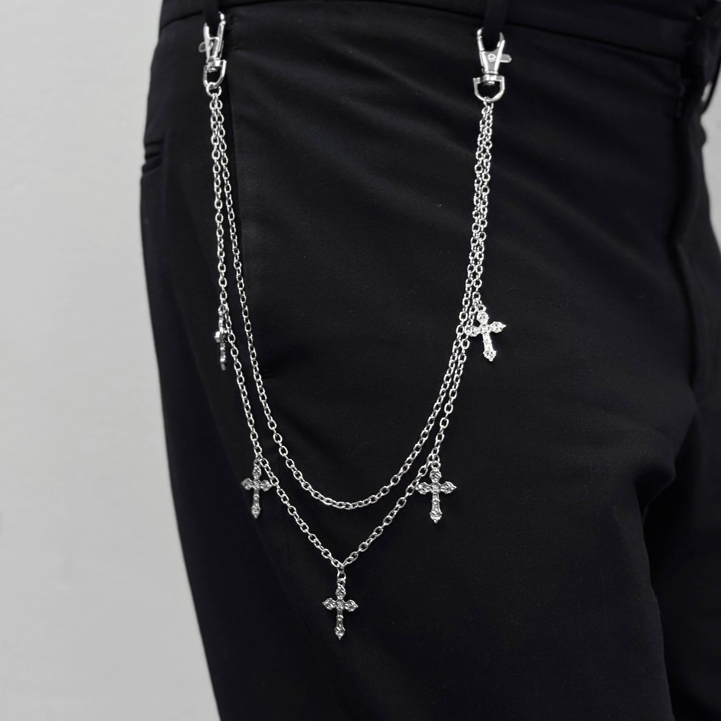 Men's Silver Cross Charm Double Layered Pant Chain Stylish Accessory for Jeans