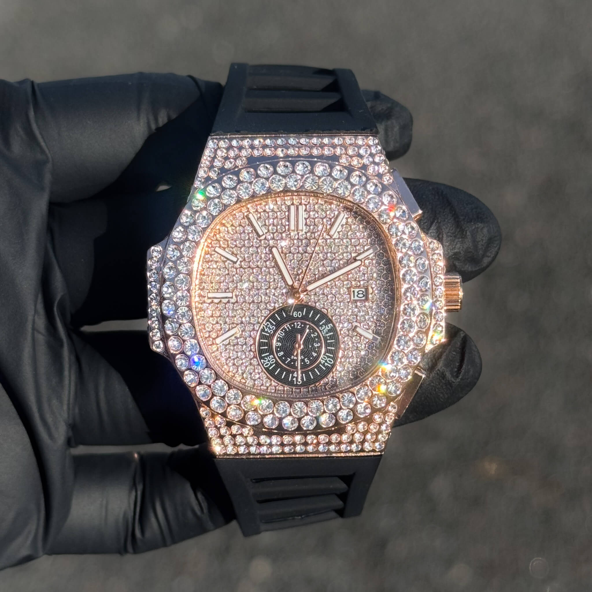 Men's 43mm Silicone Band Diamond Watch - Iced Out Oblong Bezel - Quartz Movement