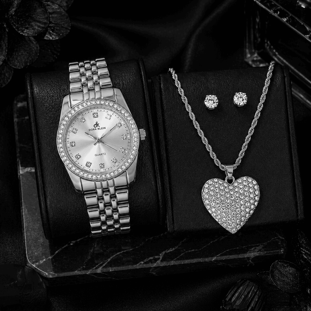Women’s 35mm Tonneau Roman Dial Watch, Heart Pendant Necklace & Stud Earring Set