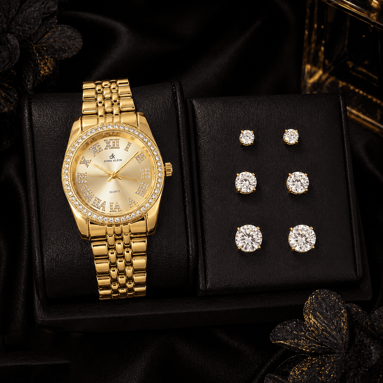 Women’s 35mm Tonneau Roman Dial Watch & CZ Round Stud Earrings Set