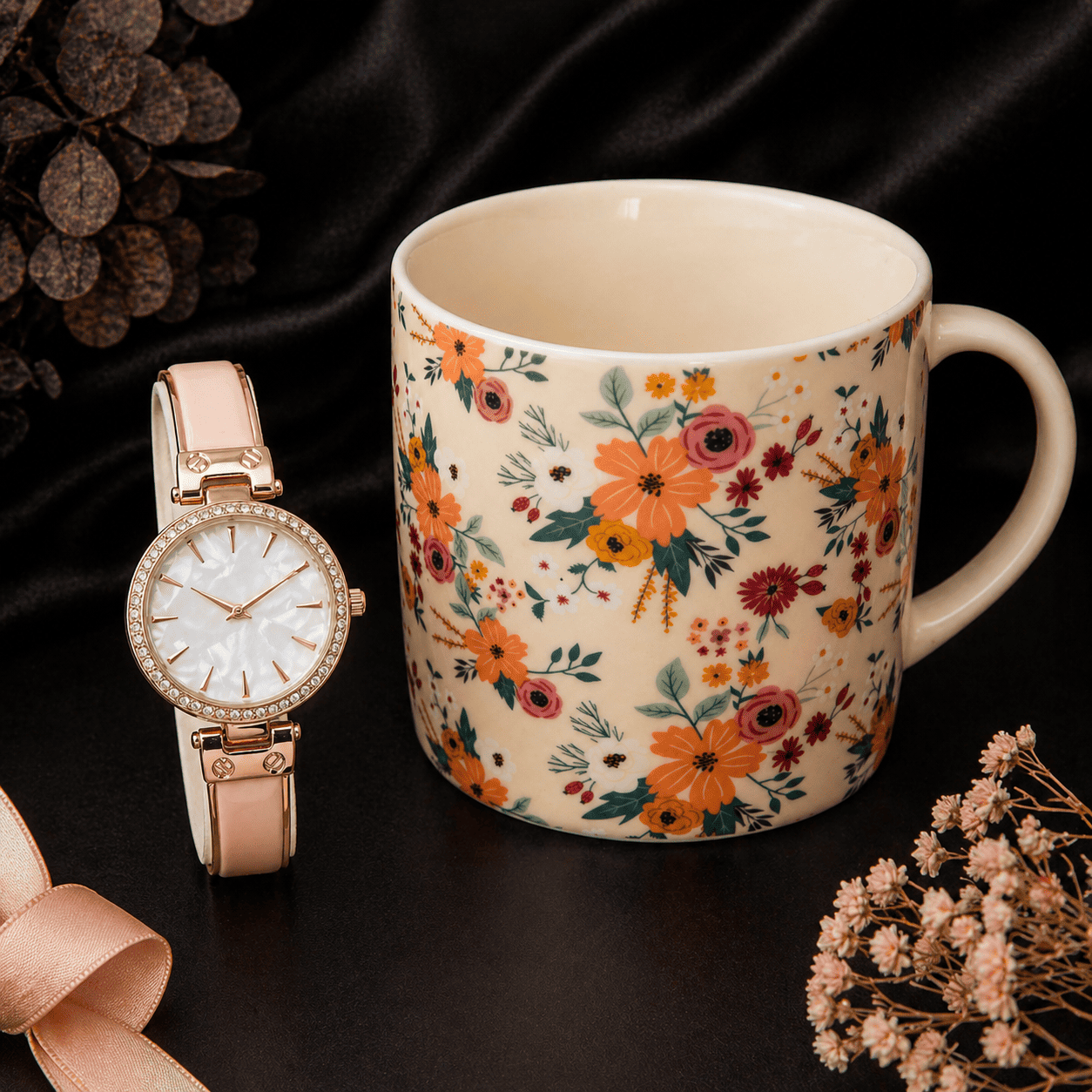 Women’s 34mm Round Dial Watch & Blush Floral Print Mug Gift Set