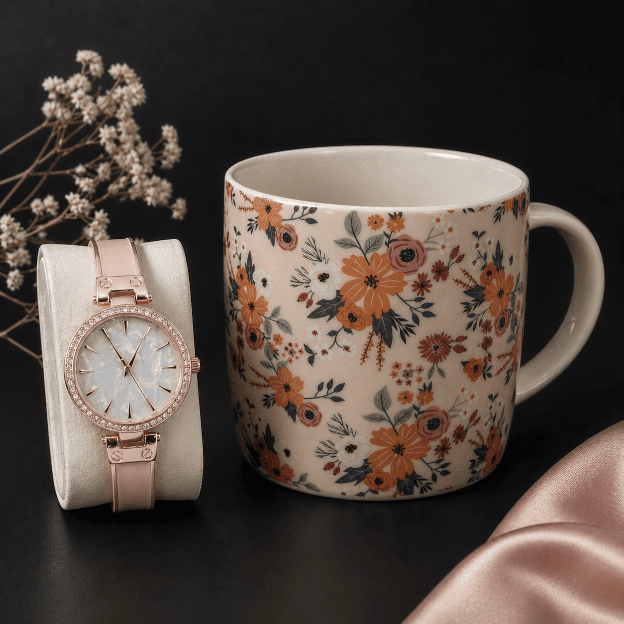 Women’s 34mm Round Dial Watch & Blush Floral Print Mug Gift Set