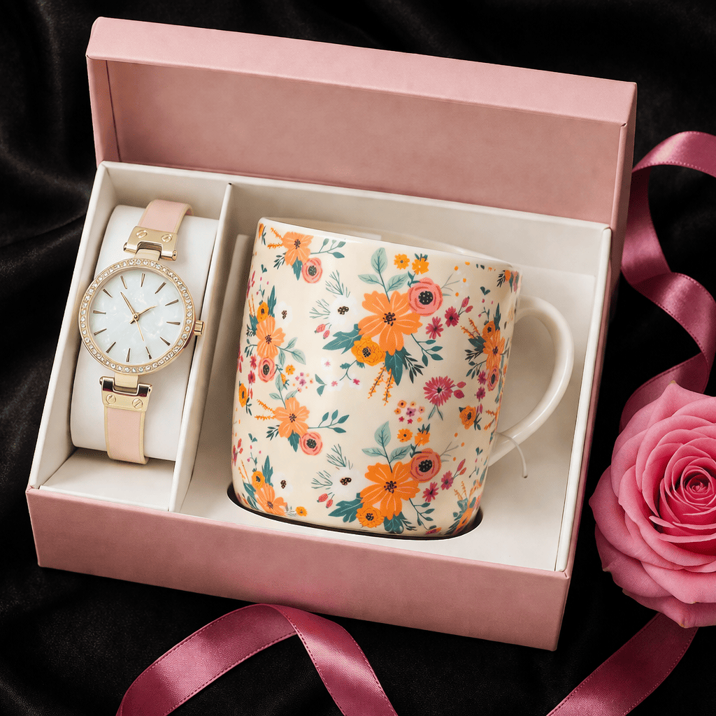 Women’s 34mm Round Dial Watch & Blush Floral Print Mug Gift Set