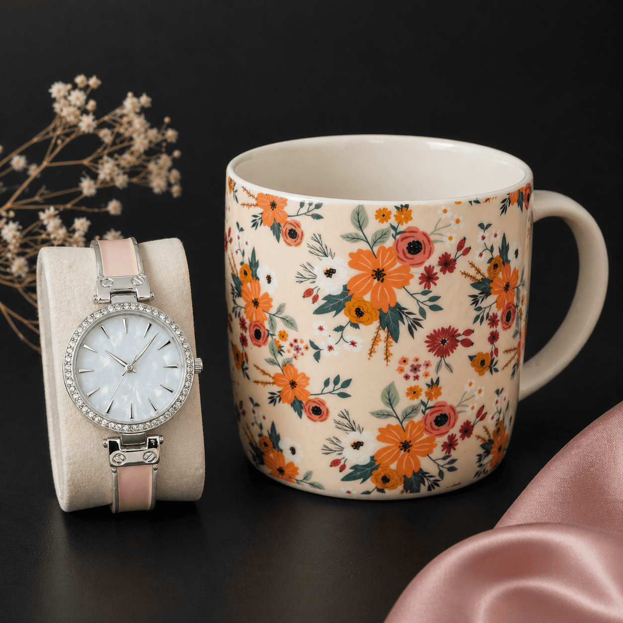 Women’s 34mm Round Dial Watch & Blush Floral Print Mug Gift Set