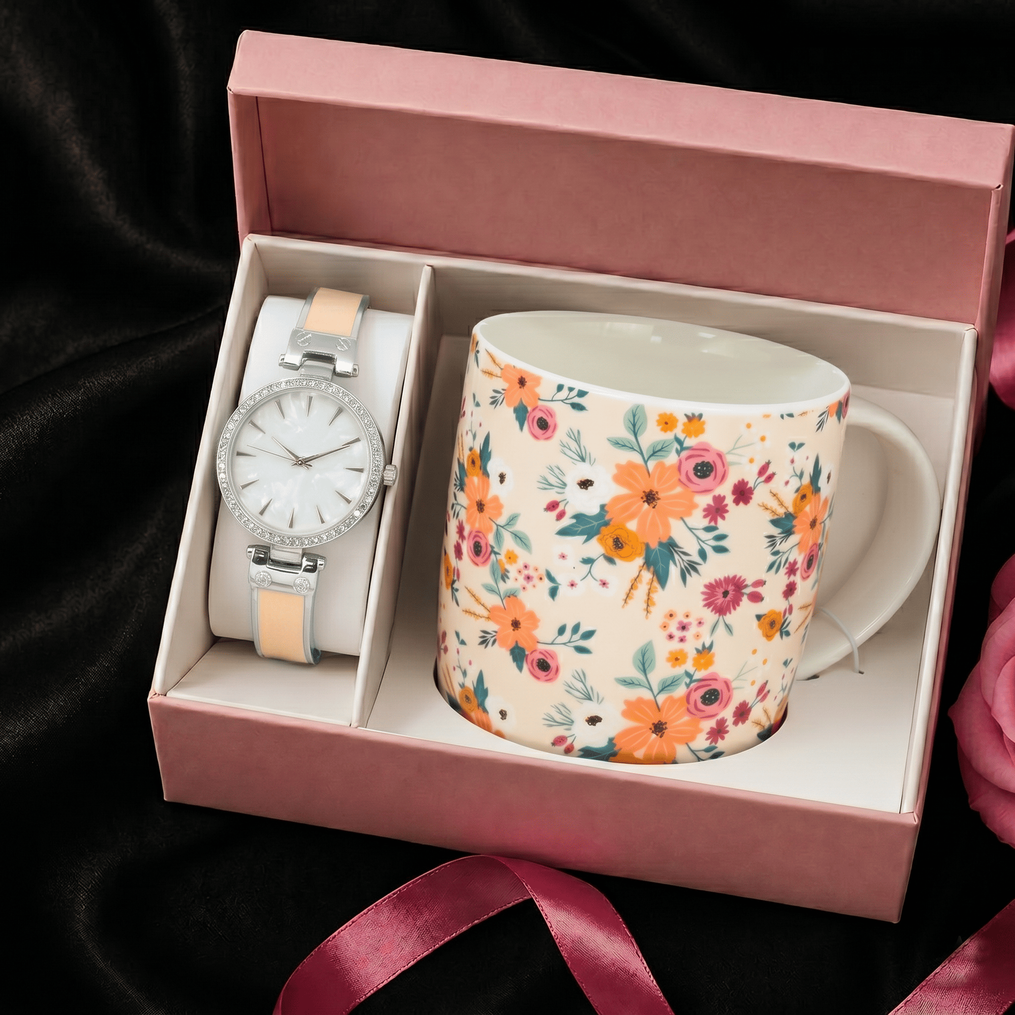 Women’s 34mm Round Dial Watch & Blush Floral Print Mug Gift Set