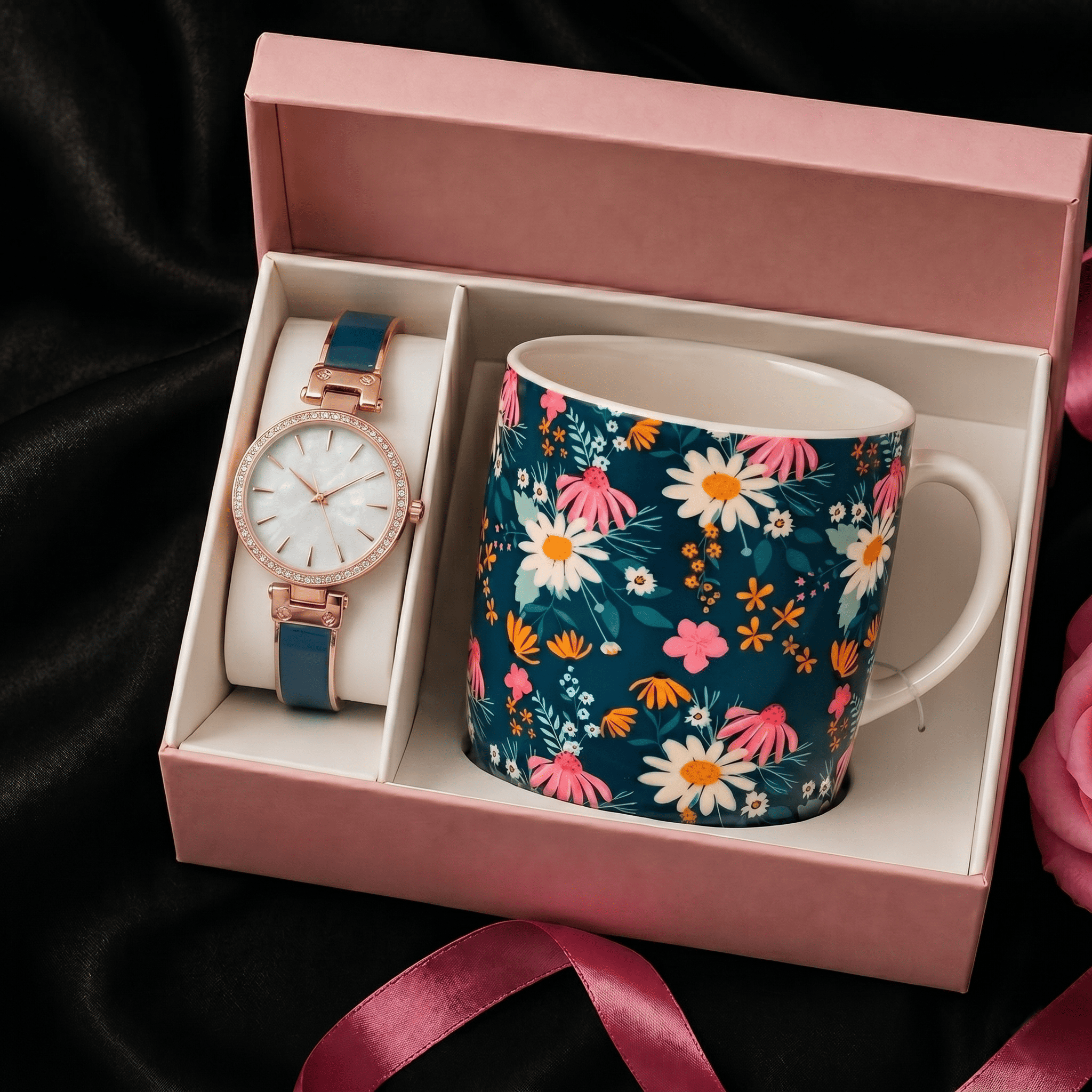 Women’s 34mm Round Dial Watch & Navy Floral Print Mug Gift Set