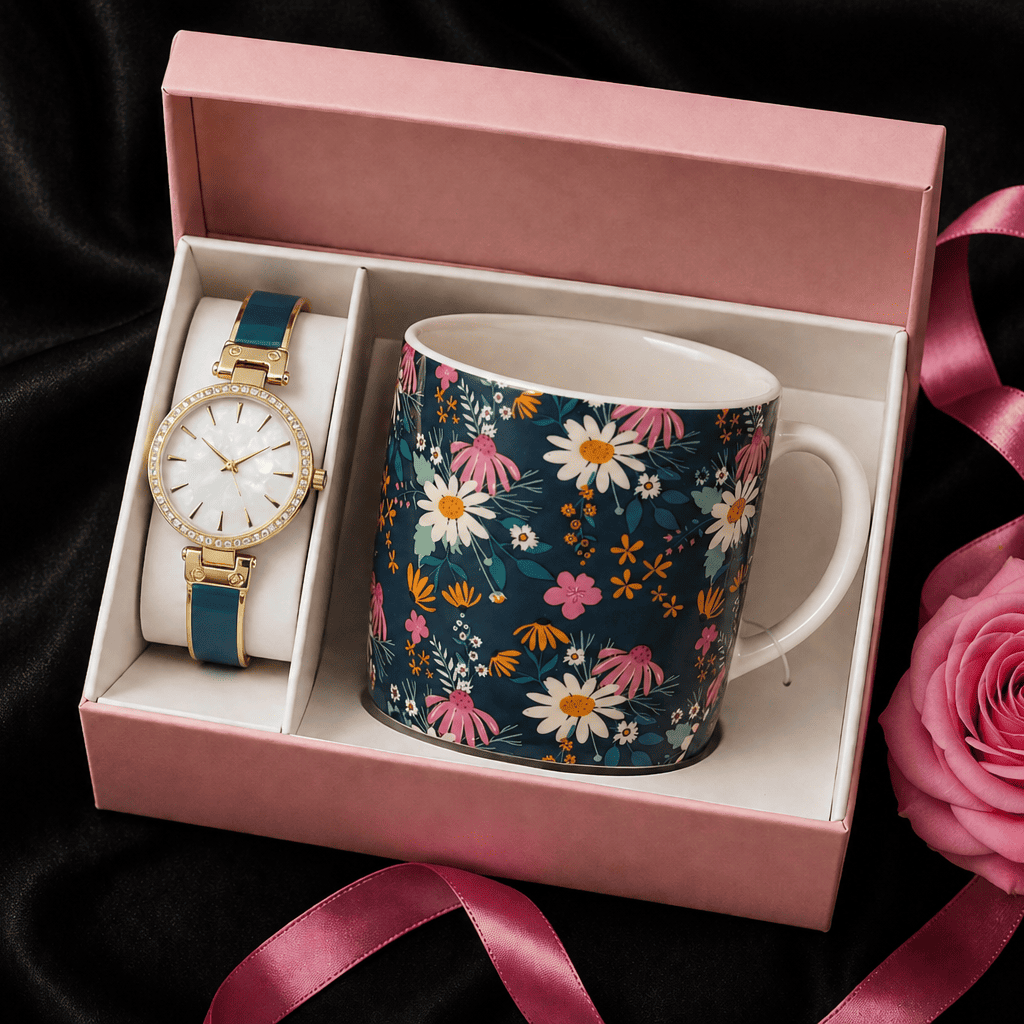 Women’s 34mm Round Dial Watch & Navy Floral Print Mug Gift Set