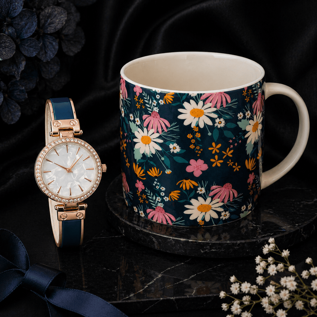 Women’s 34mm Round Dial Watch & Navy Floral Print Mug Gift Set