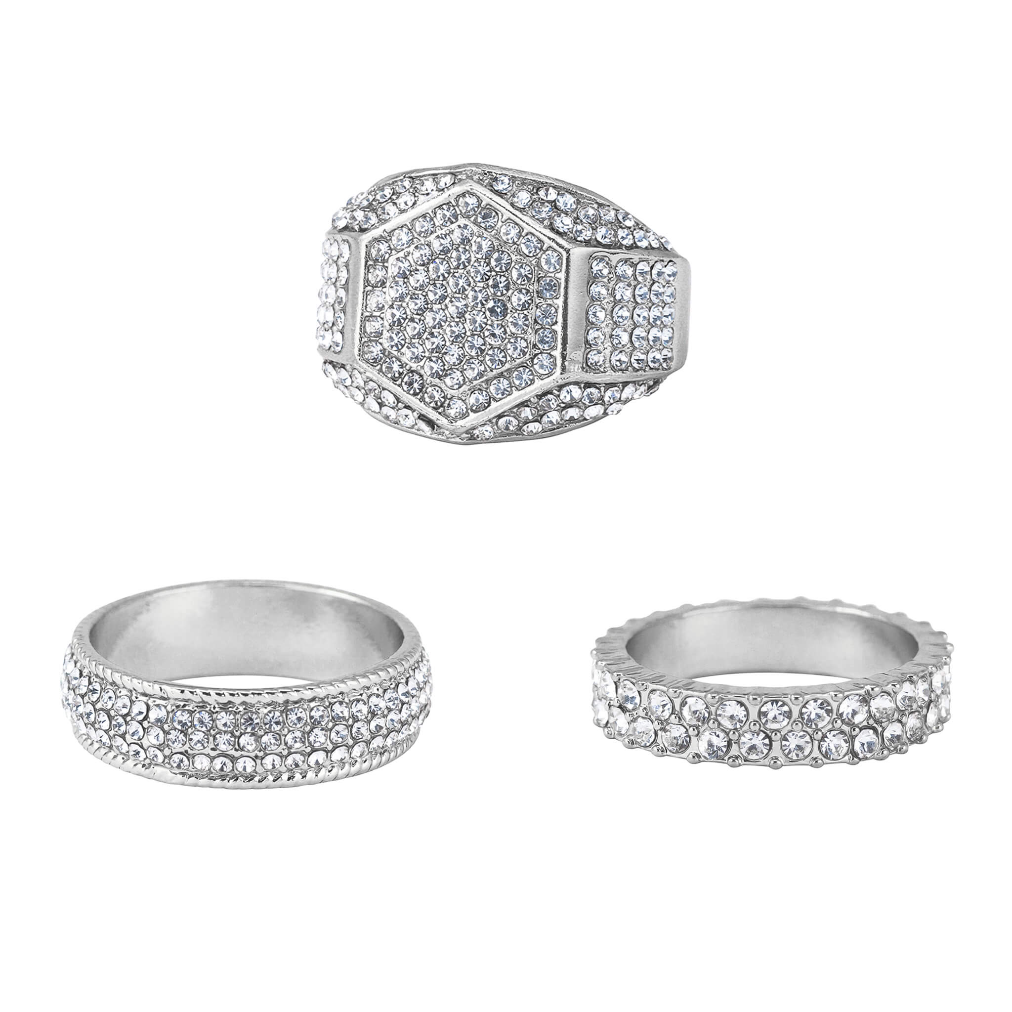 Iced Out Hexagonal 3-Piece Ring Set