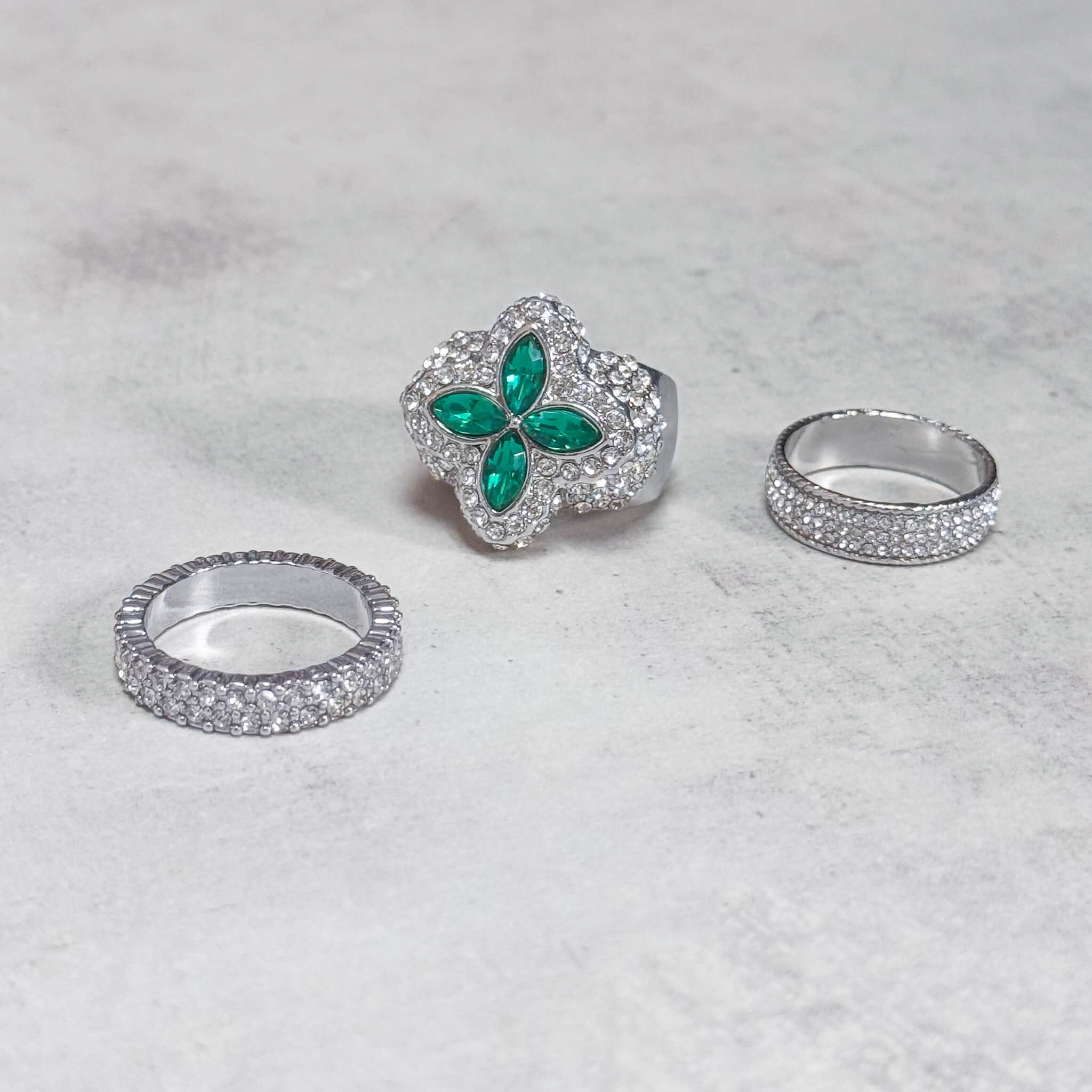 Iced Out Clover 3-Piece Ring Set - Green Stones
