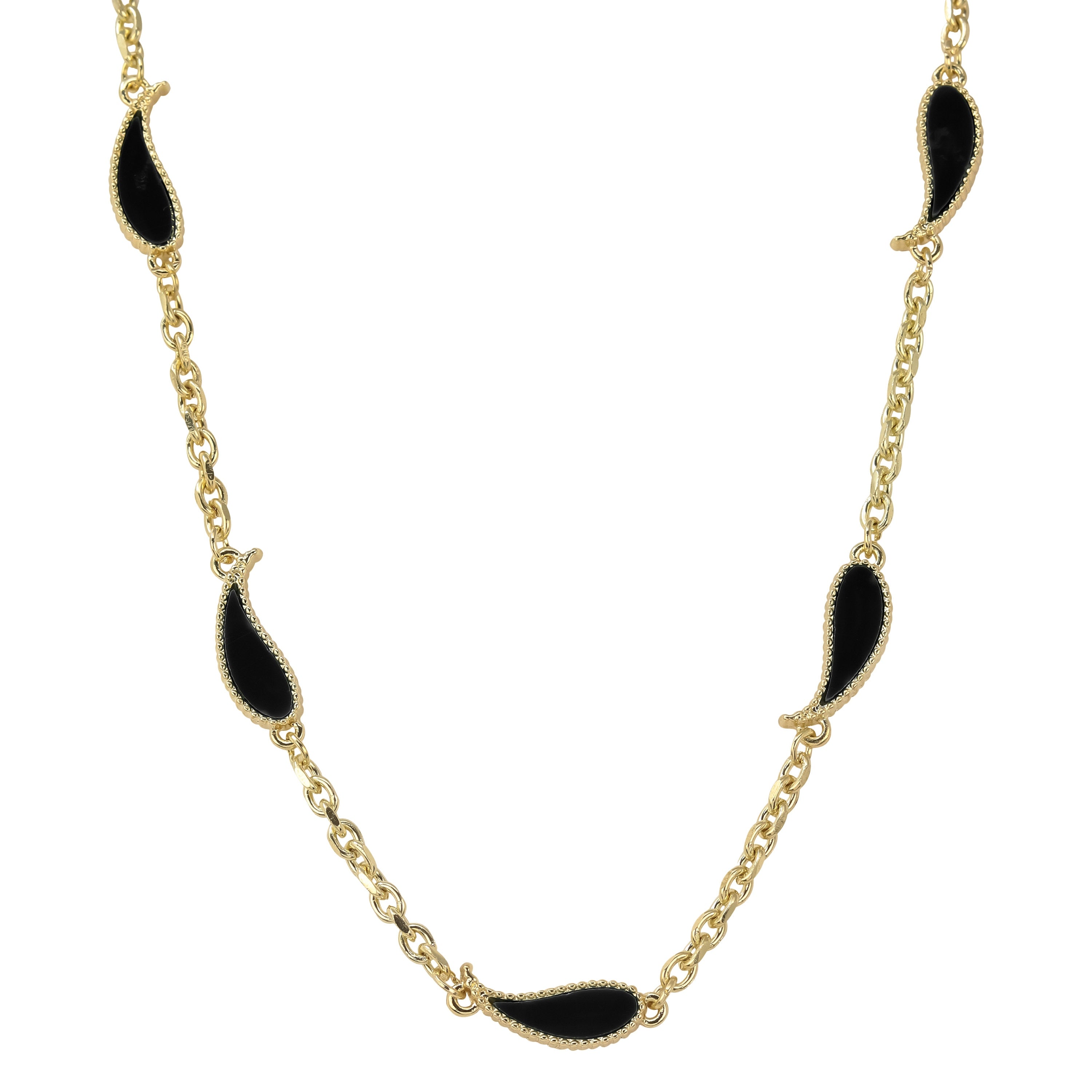 Men's 7mm Black Paisley Multi-Charm Necklace in gold with glossy black teardrop paisley charms and chain links.