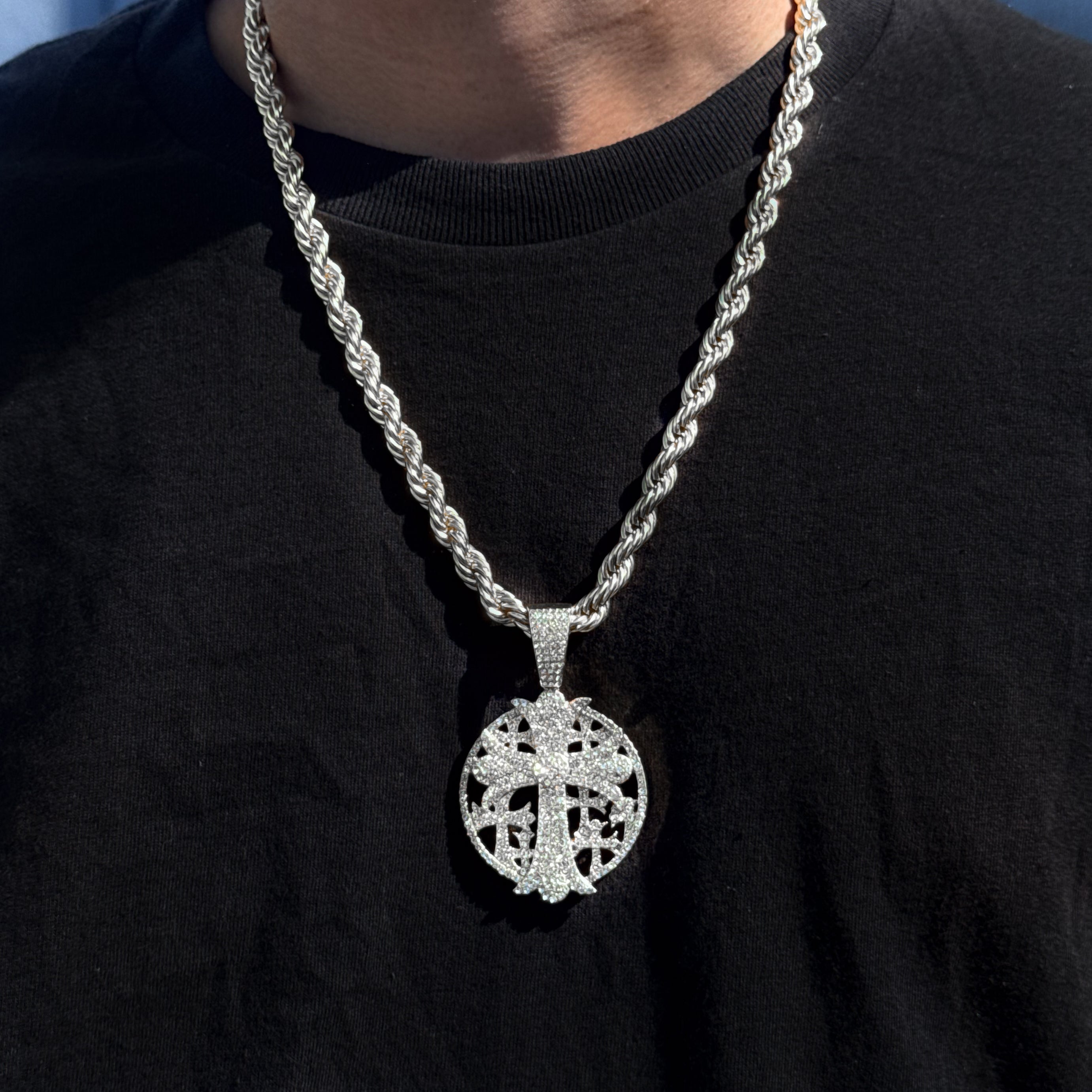 Men's Large Medallion 44mm Iced-Out Cross Pendant with 8mm Rope Chain