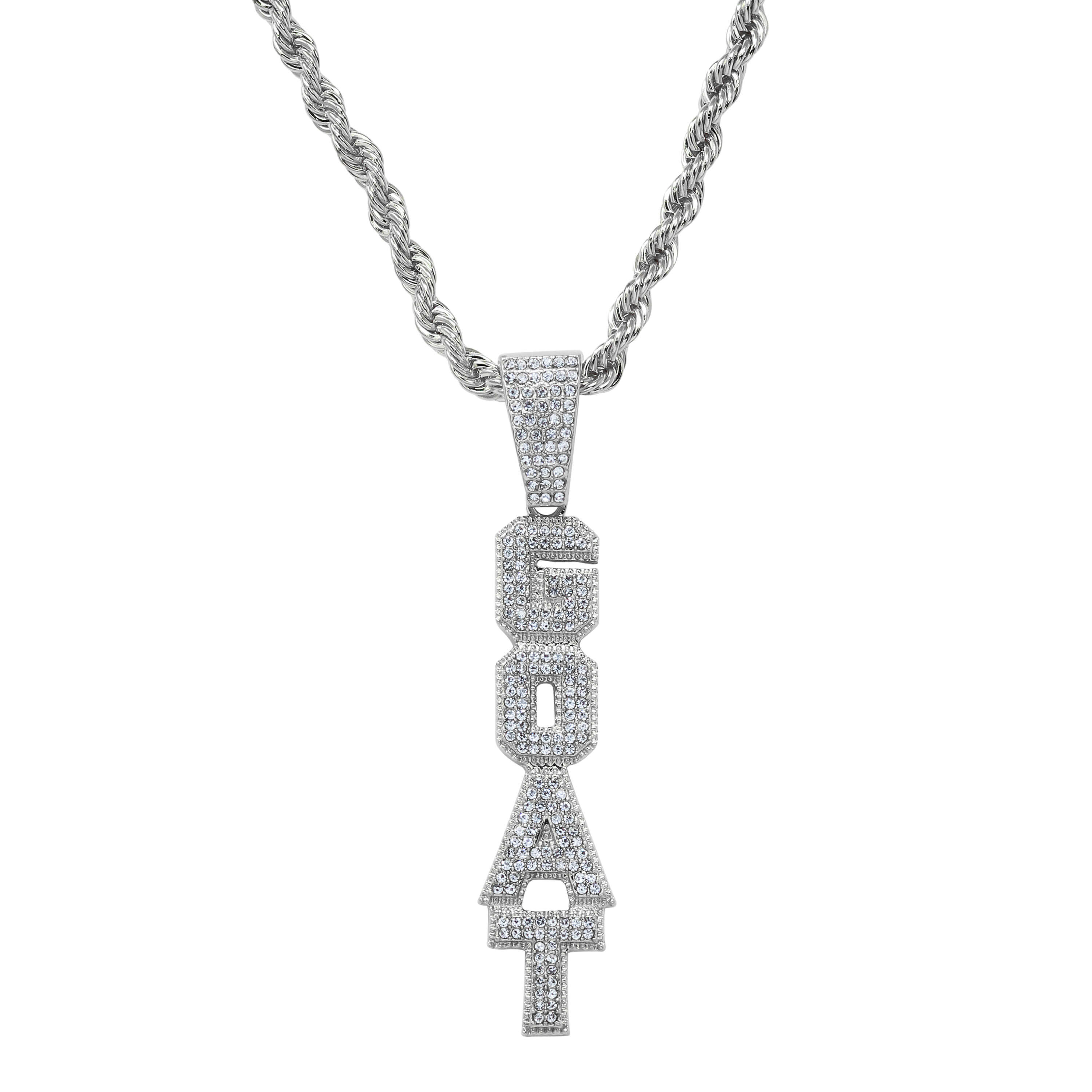 Iced out Vertical Goat Pendant in silver tone with diamond-style CZ letters on rope chain.