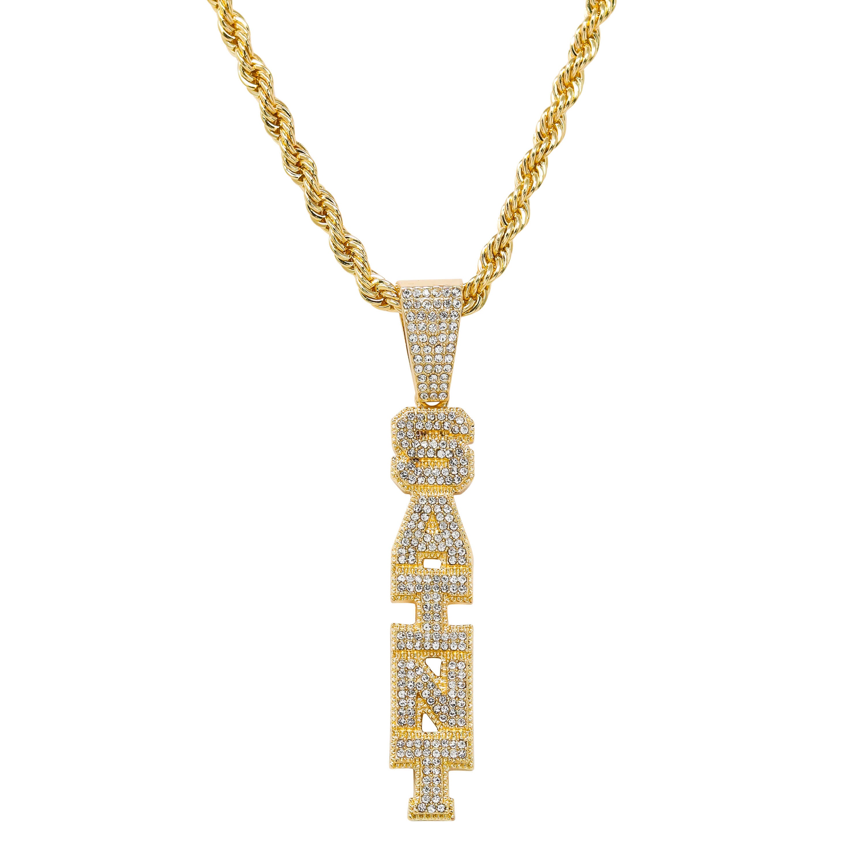 Iced out Vertical Saint Pendant in gold finish with diamond-style CZ letters on rope chain.