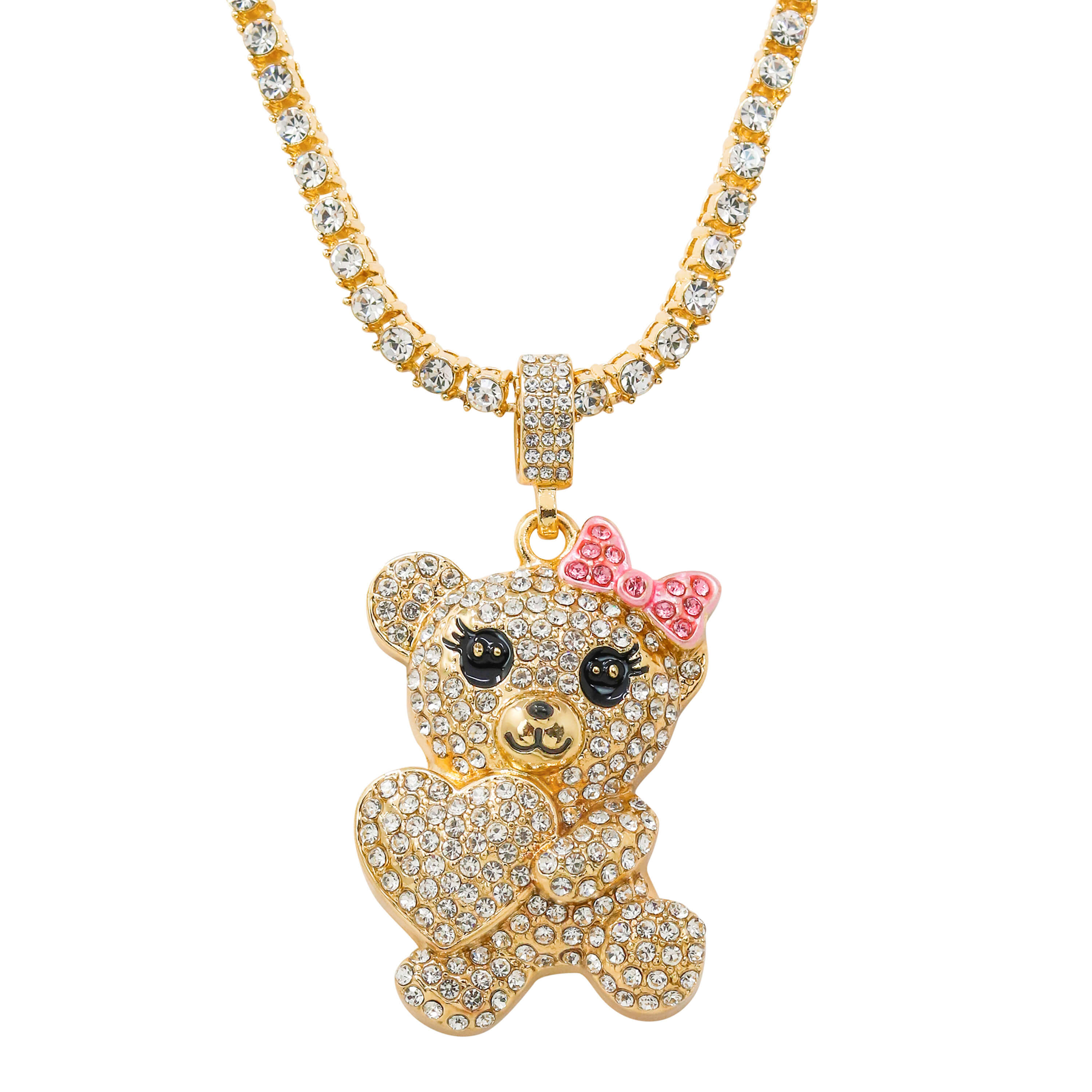 Gold Iced Out Heart Bear Pendant with Tennis Chain, crystal teddy bear holding heart charm.