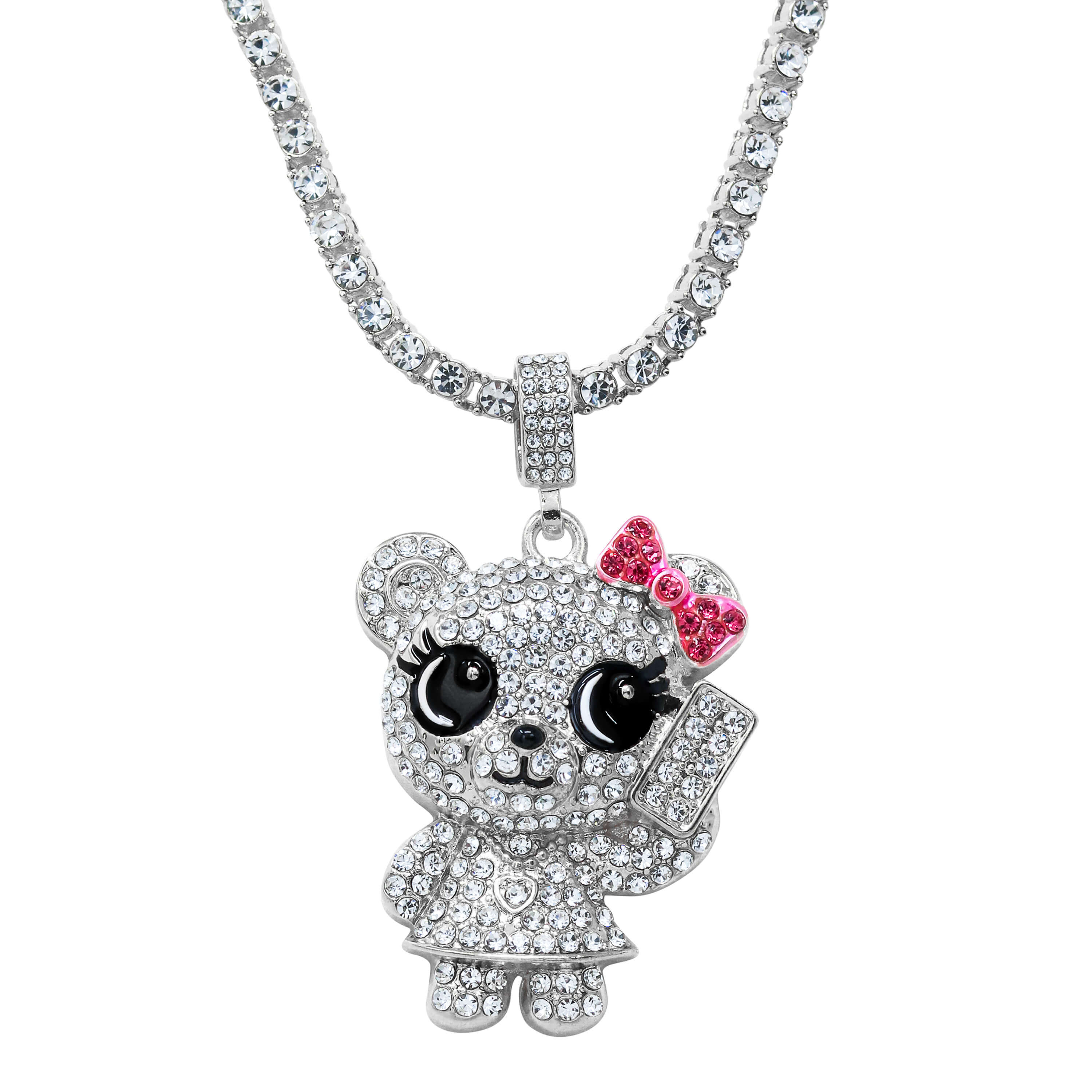 Iced Out Call Me Bear Pendant with tennis chain, silver finish, bear phone design.