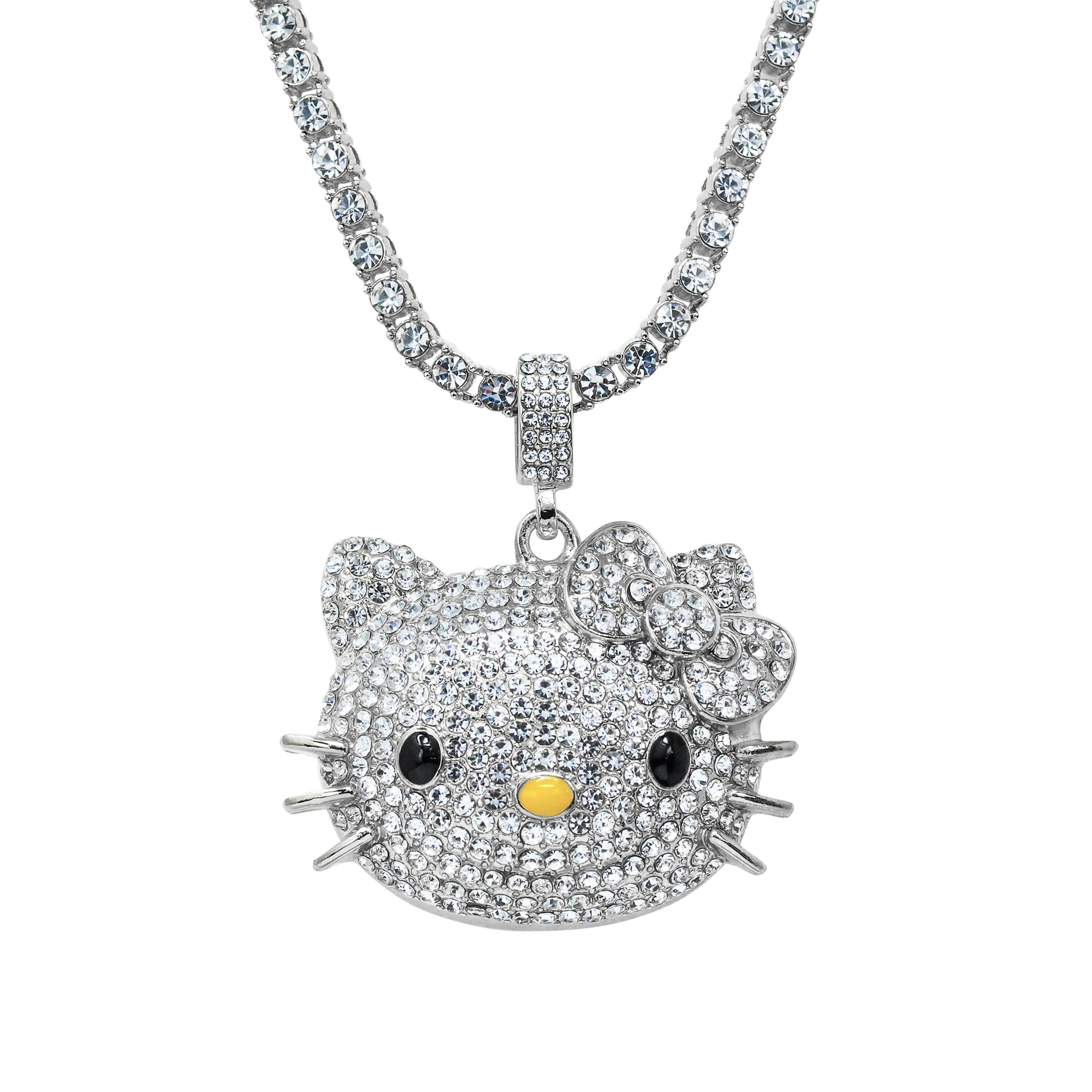 Iced Out Kitty Pendant with Tennis Chain in silver tone, diamond-style CZ stones and cat face.
