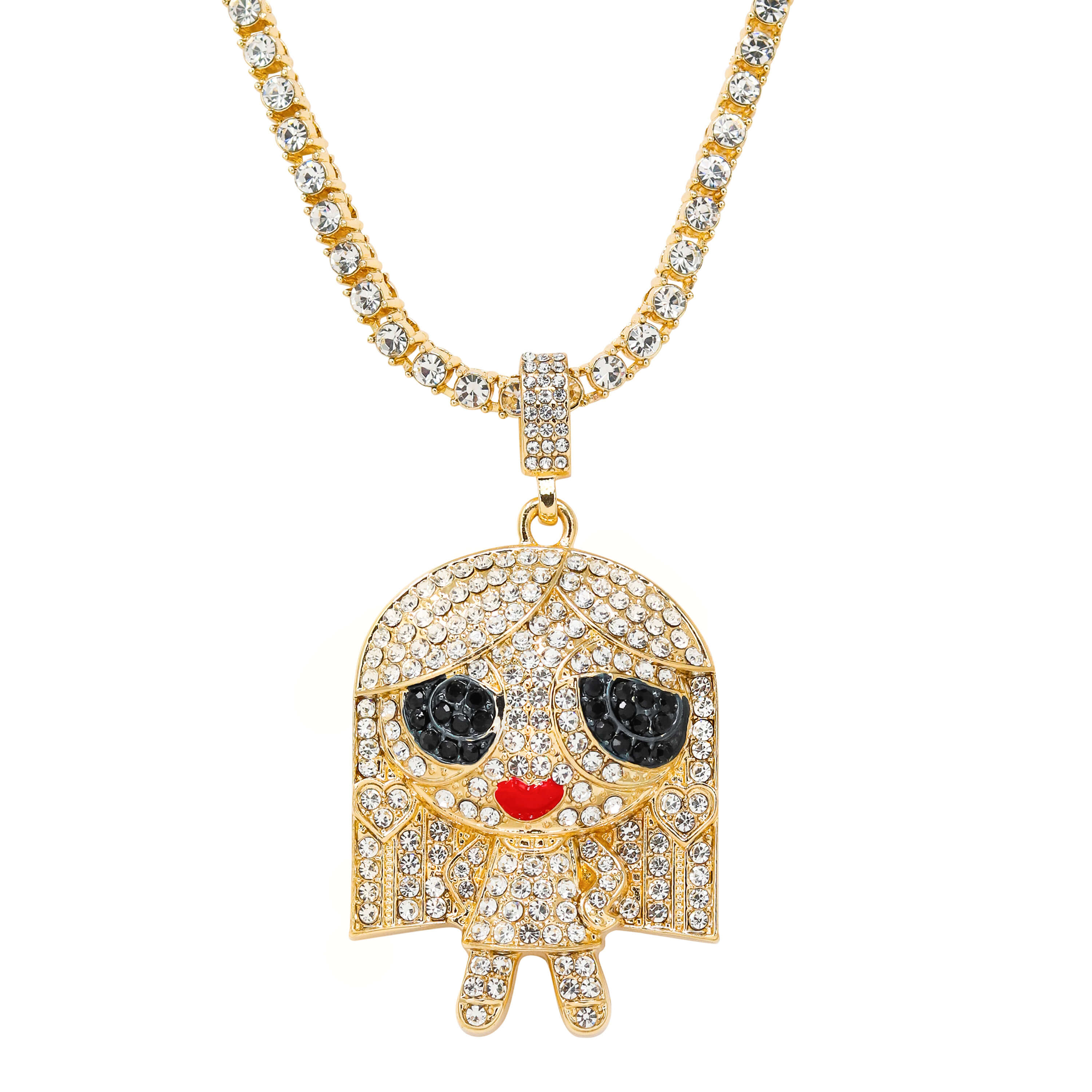 Iced Out Stand on Business Doll Pendant with Tennis Chain in gold finish, iced CZ character charm.
