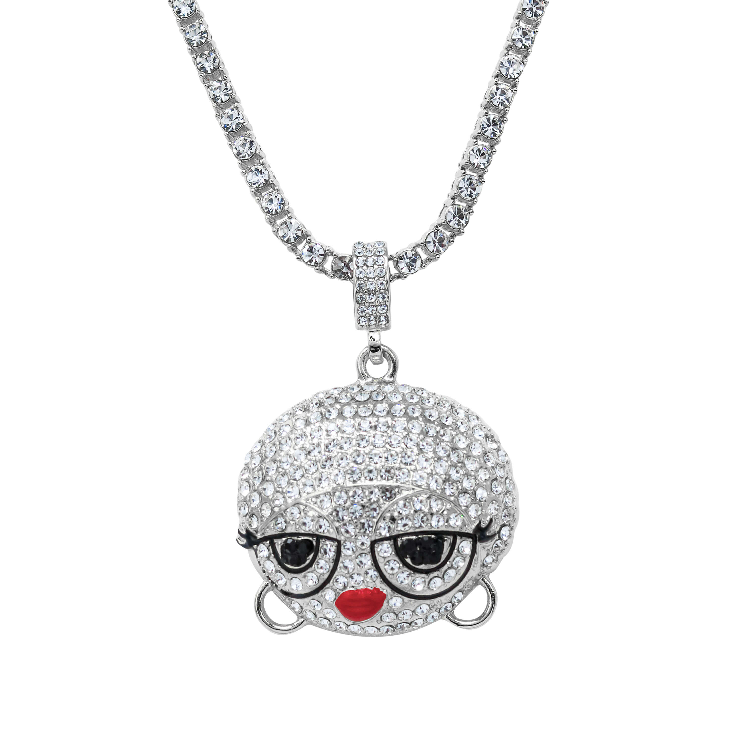 Iced Out Diva Doll Pendant with Tennis Chain in silver tone, iced CZ round doll face charm.