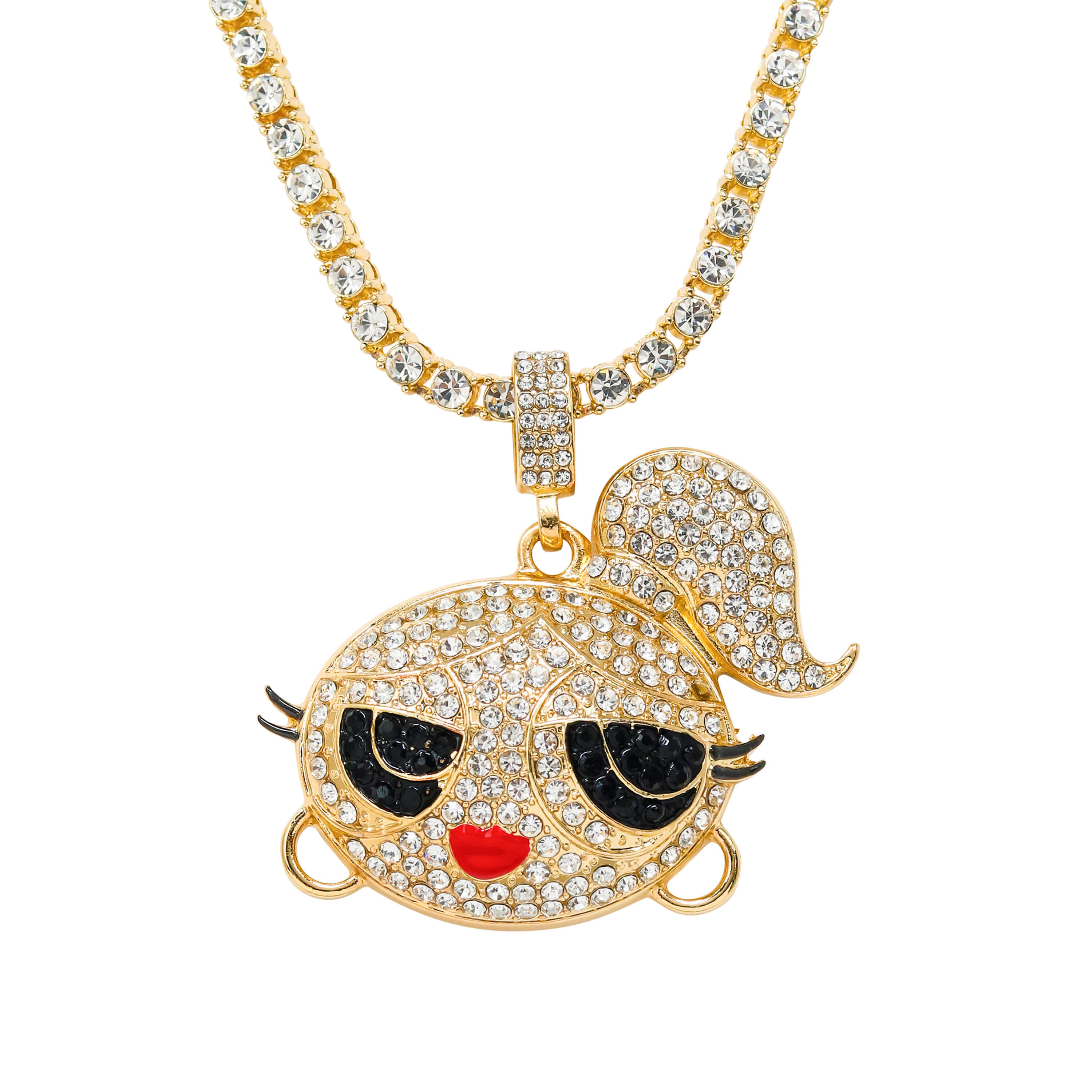 Iced Out Ponytail Doll Pendant with Tennis Chain in gold finish, iced CZ doll face charm.