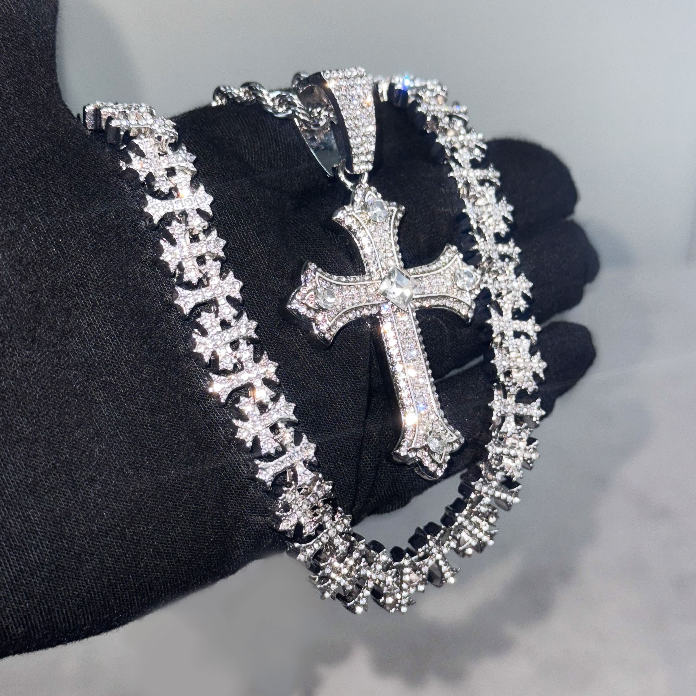 Men’s Iced Cross Pendant and Multi-Link Statement Chain Set