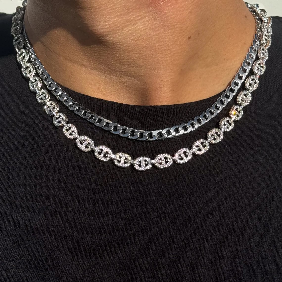 Men's Silver Iced Out 8mm Micro Mariner Chain and 6mm Classic Cuban Chain 2-Piece Set