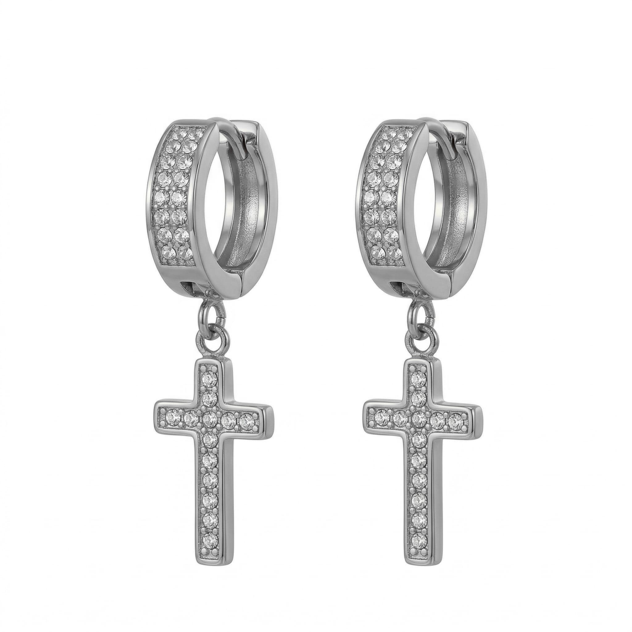 Stainless Steel Hanging Cross Huggie Earrings