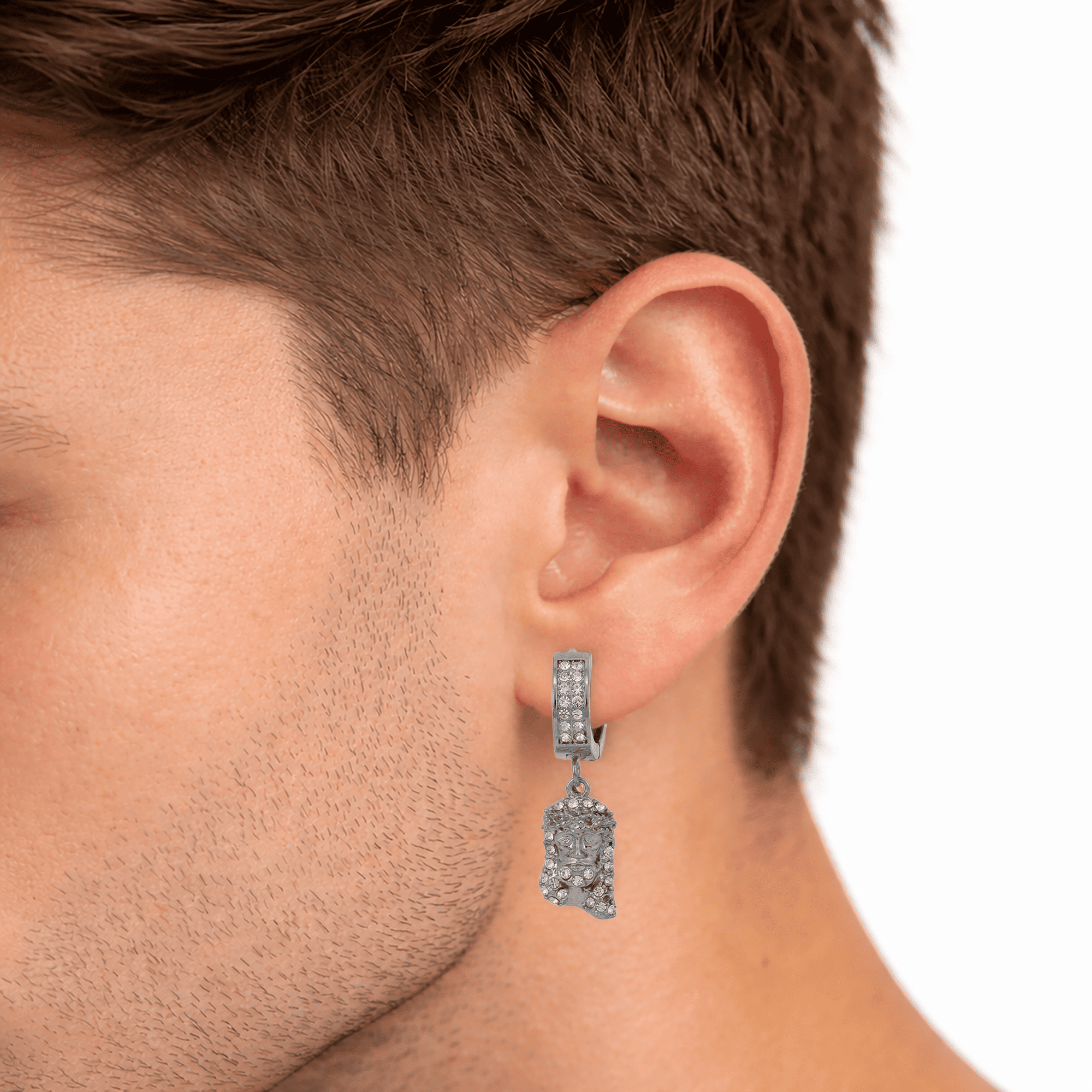 Stainless Steel Hanging Jesus Huggie Earrings