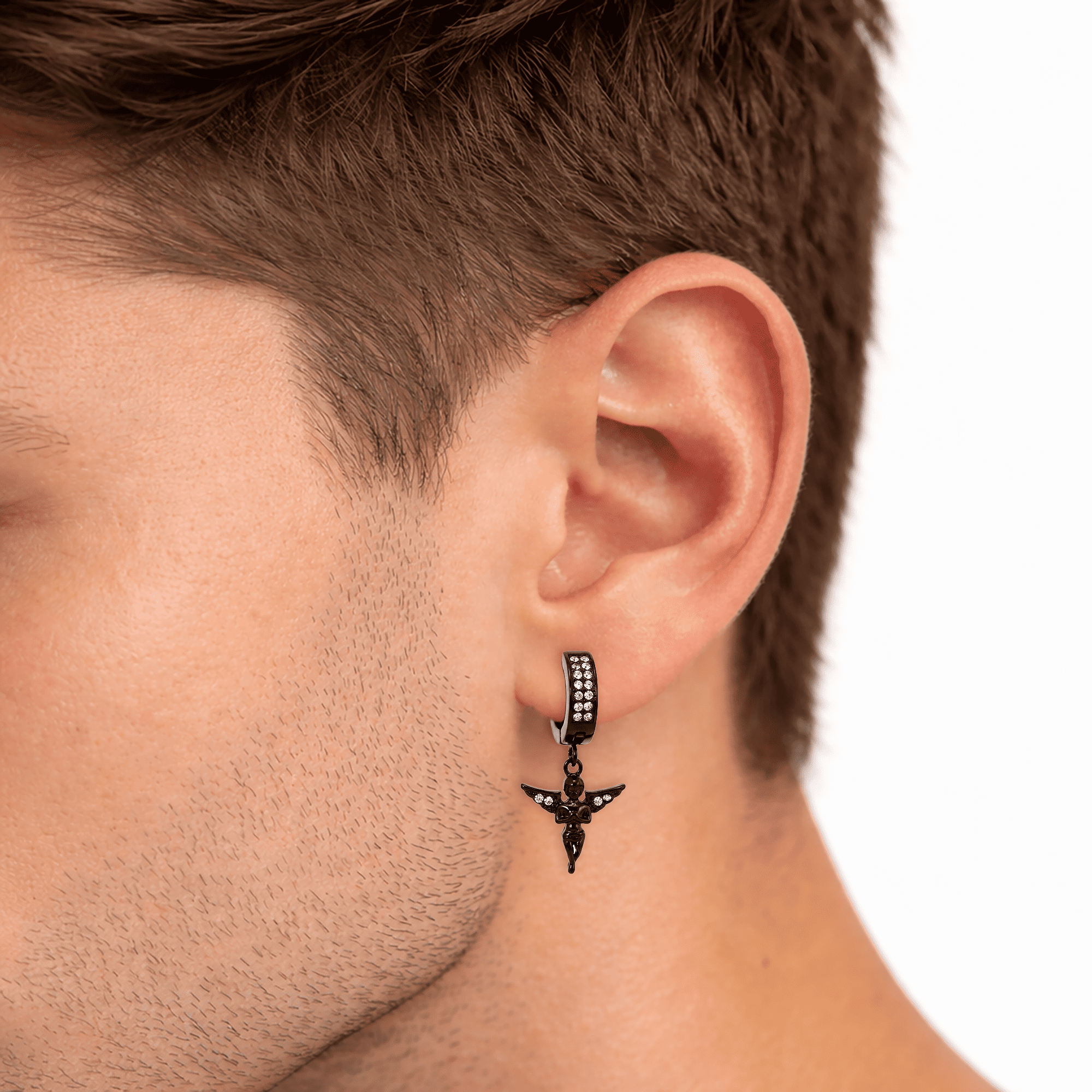 Stainless Steel Hanging Angel Huggie Earrings