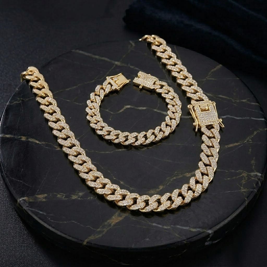 Men's 15mm Iced Out Cuban Link Chain & Bracelet Set