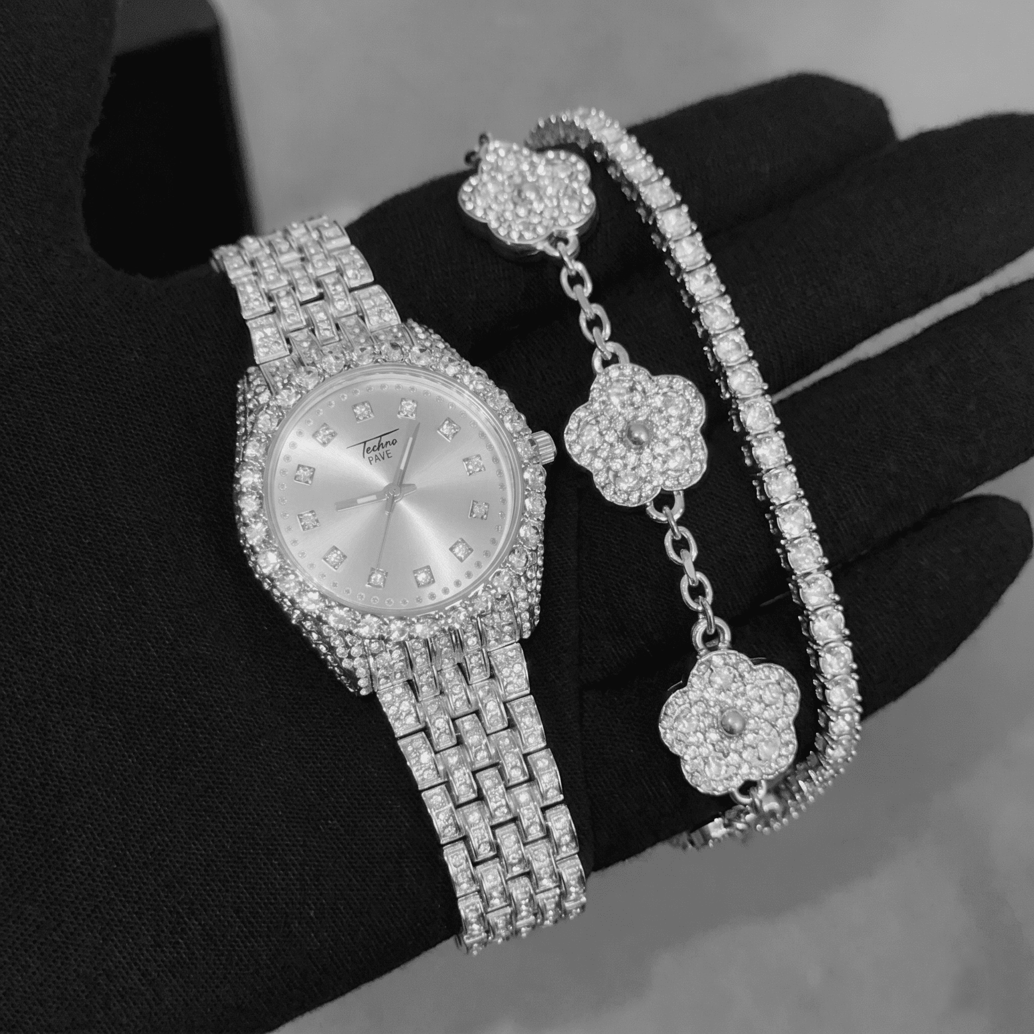 Women’s 32mm Iced-Out Watch with Tennis & Clover Link Bracelet Set