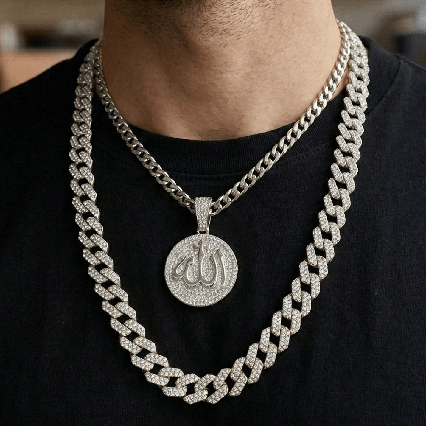 Men’s Iced-Out Allah Medallion Pendant and Cuban Chain Set