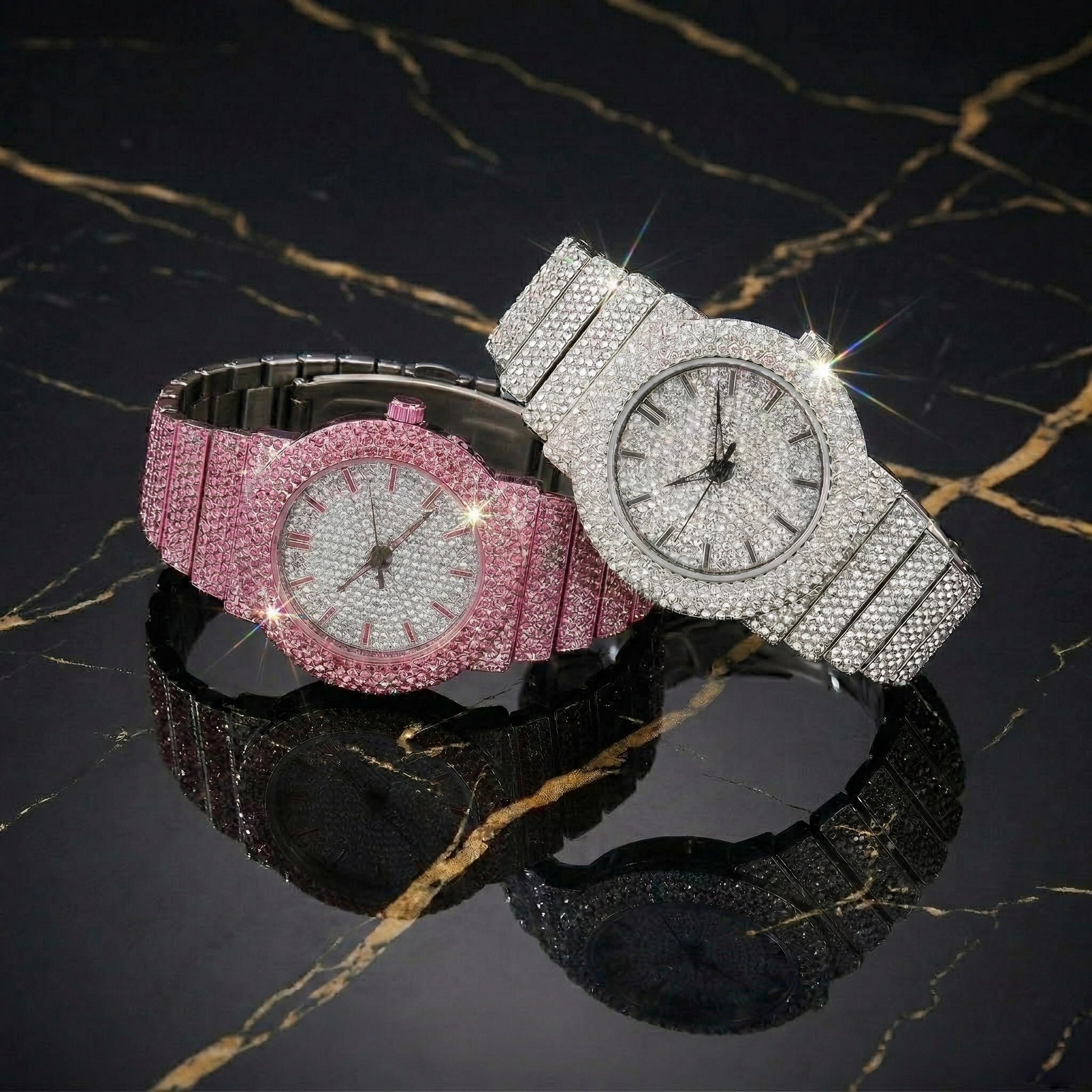 Women’s 40mm Fully Iced Out Diamond Watch - 2 Piece Set