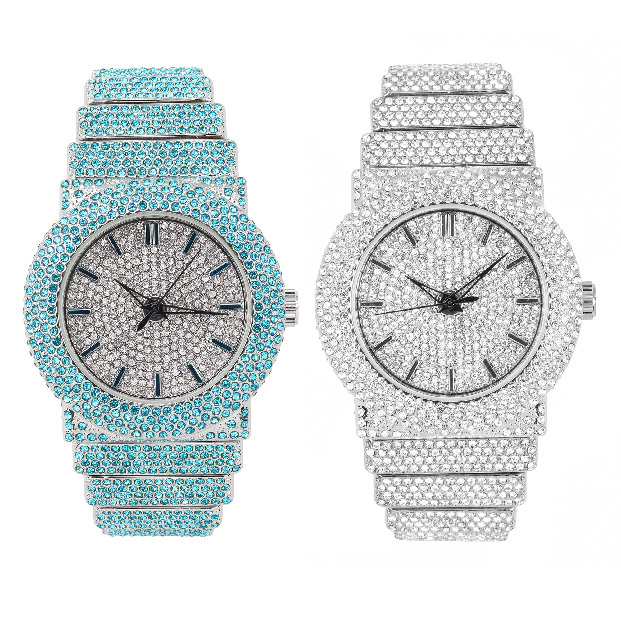 Women's 40mm Luxury Diamond Watch Duo Set - Fully Iced Out Band with Brilliant Crystals