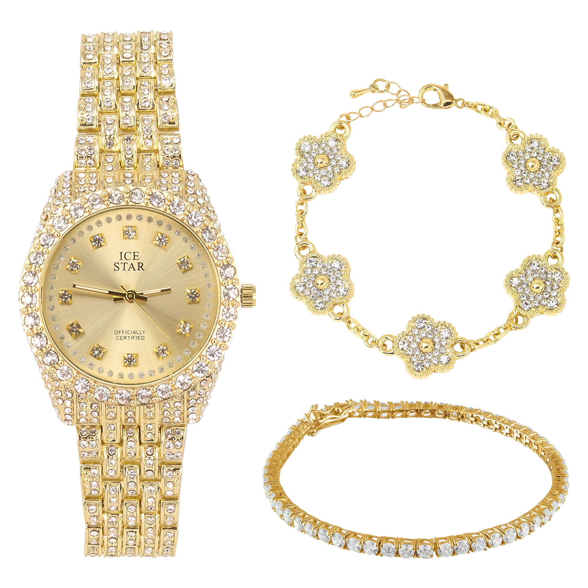 Women’s Iced-Out Watch, Tennis Bracelet and Clover Link Bracelet Set - Gold