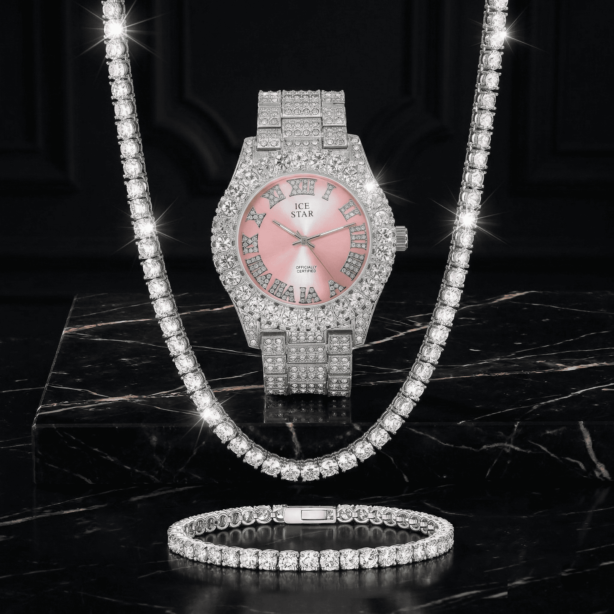 Women's 44mm Iced Out Solitaire Bezel Watch, Tennis Chain & Bracelet Set