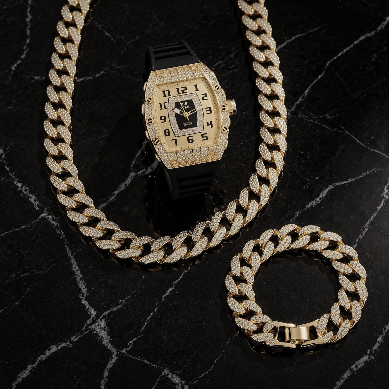 Men's 41mm Iced Out Tonneau Watch, Cuban Chain & Bracelet Set