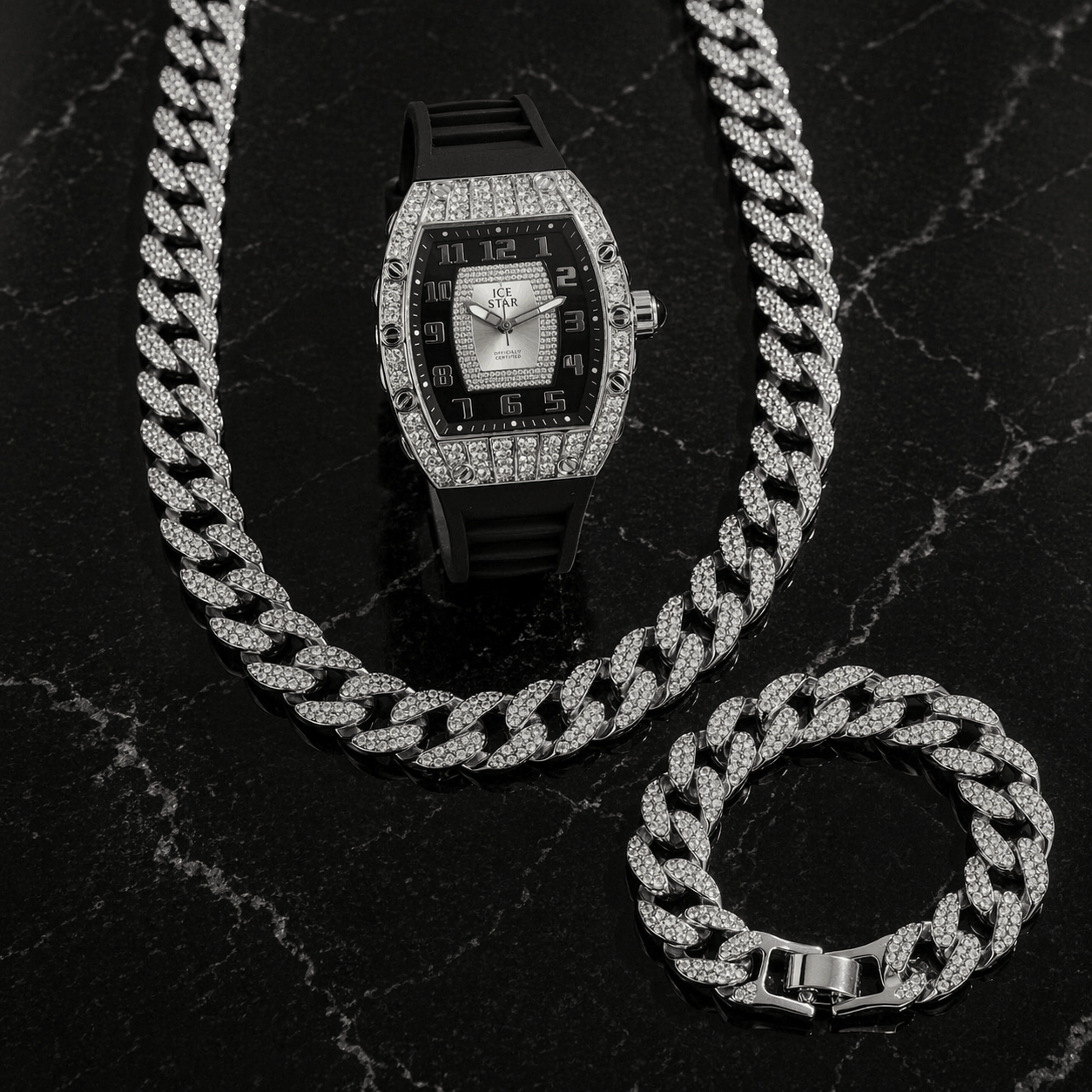 Men's 41mm Iced Out Tonneau Watch, Cuban Chain & Bracelet Set