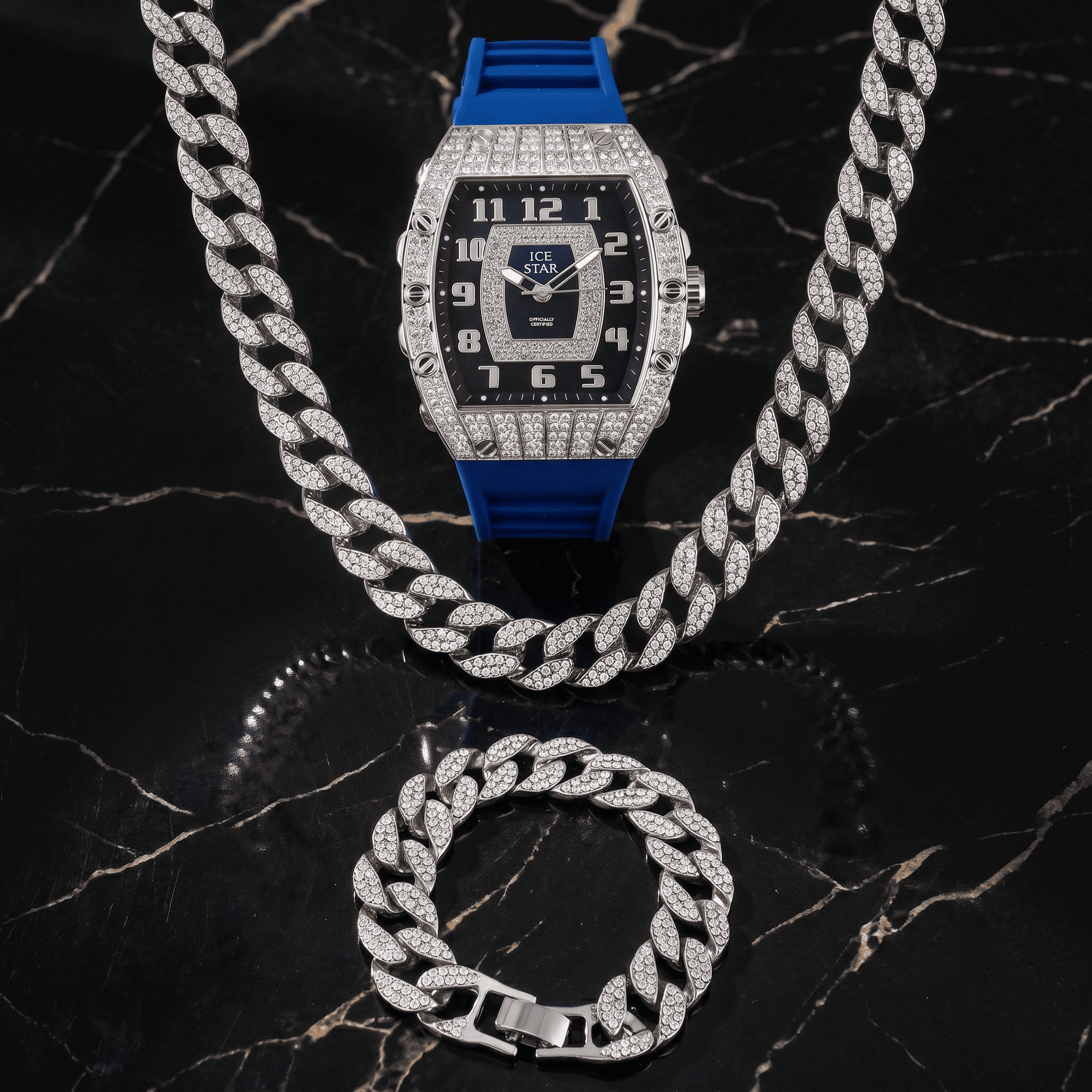 Men's 41mm Iced Out Tonneau Watch, Cuban Chain & Bracelet Set