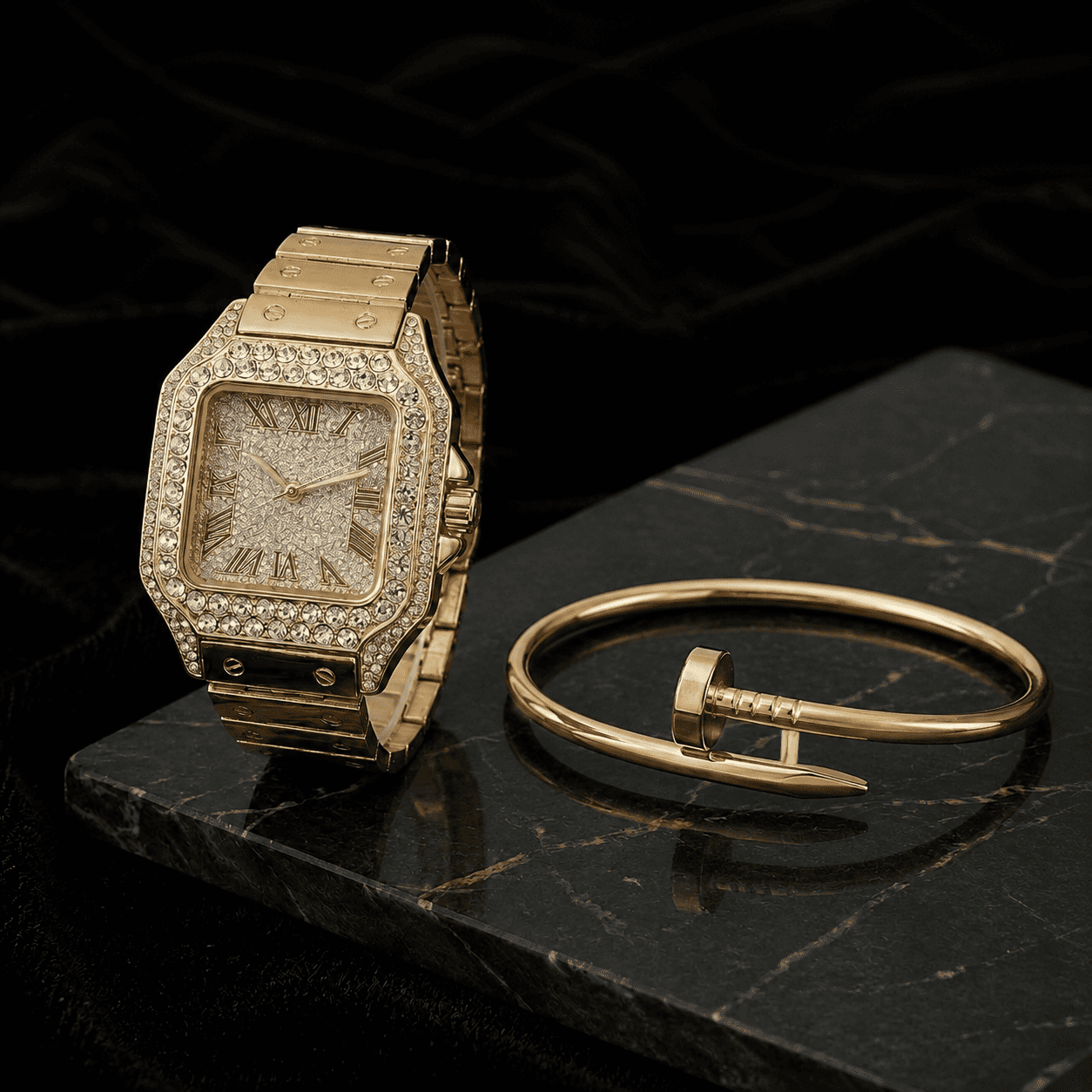 40mm Iced Square Watch and Nail Bangle Set